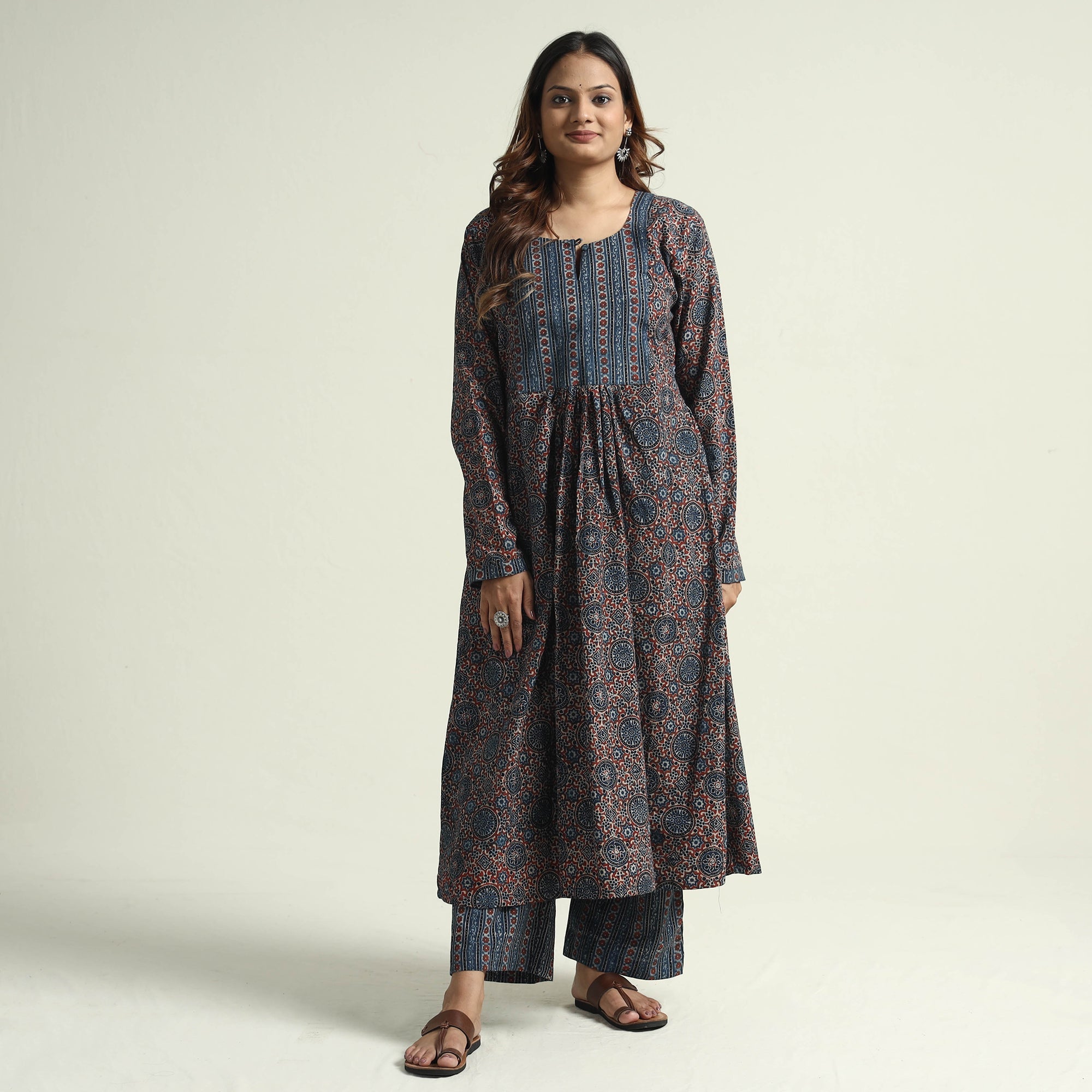 ITOKRI CASUALS Blue - Block Print Cotton Flared Ajrakh Kurta with Palazzo Set