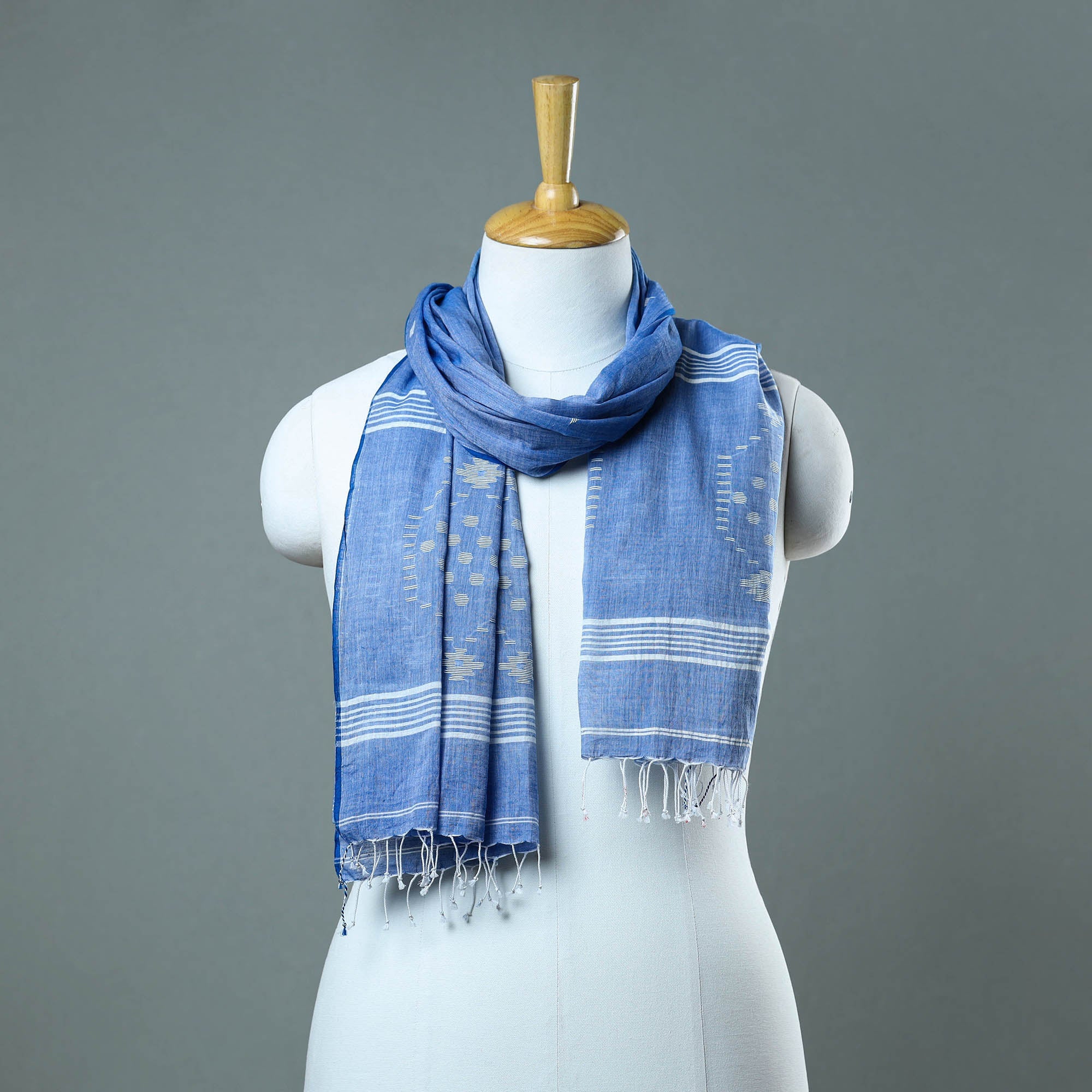 KHUSHBASH - HAPPY LOOM OF EAST Blue - Burdwan Jamdani Cotton Handloom Stole with Tassels 05