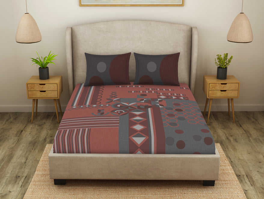 Spaces India Geometric Coral Almond Cotton Viscose Double Bedsheet - Canvas By Spaces