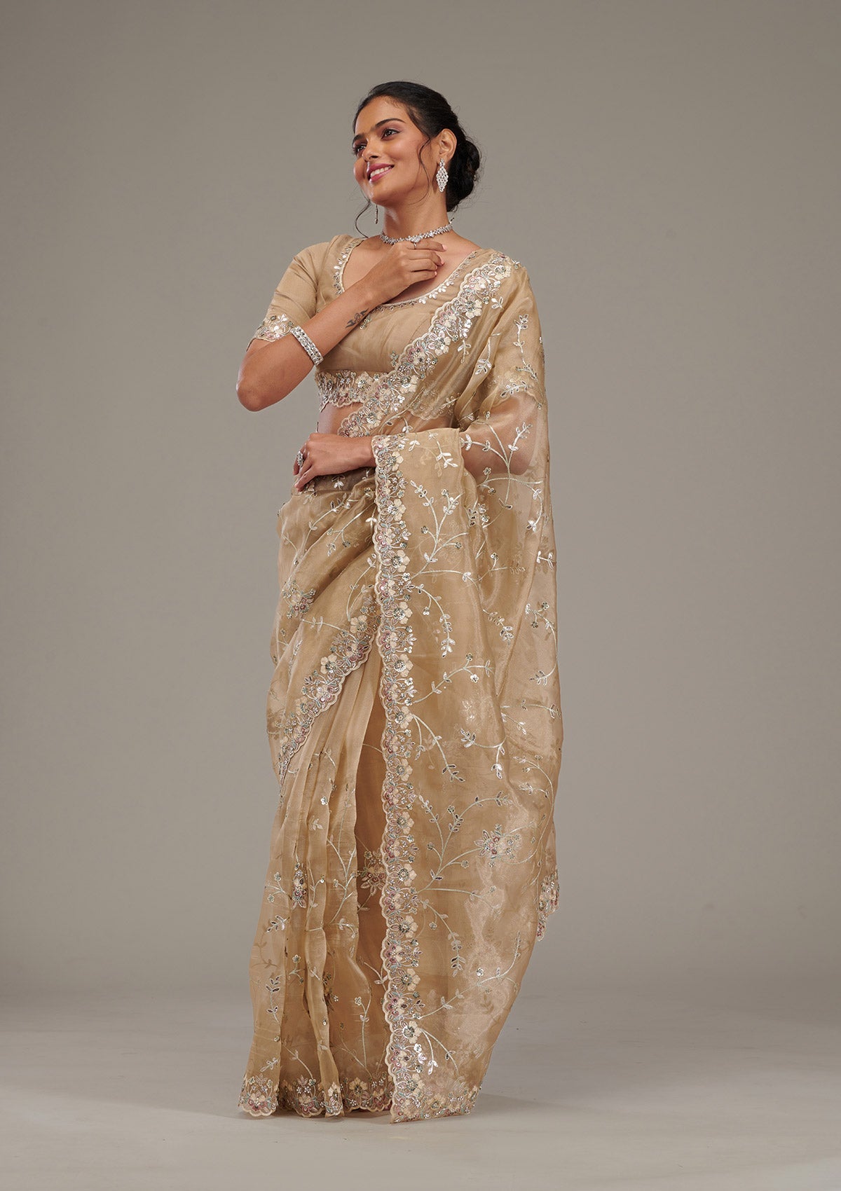 Koskii Beige Zariwork Tissue Saree – Women's - view 3