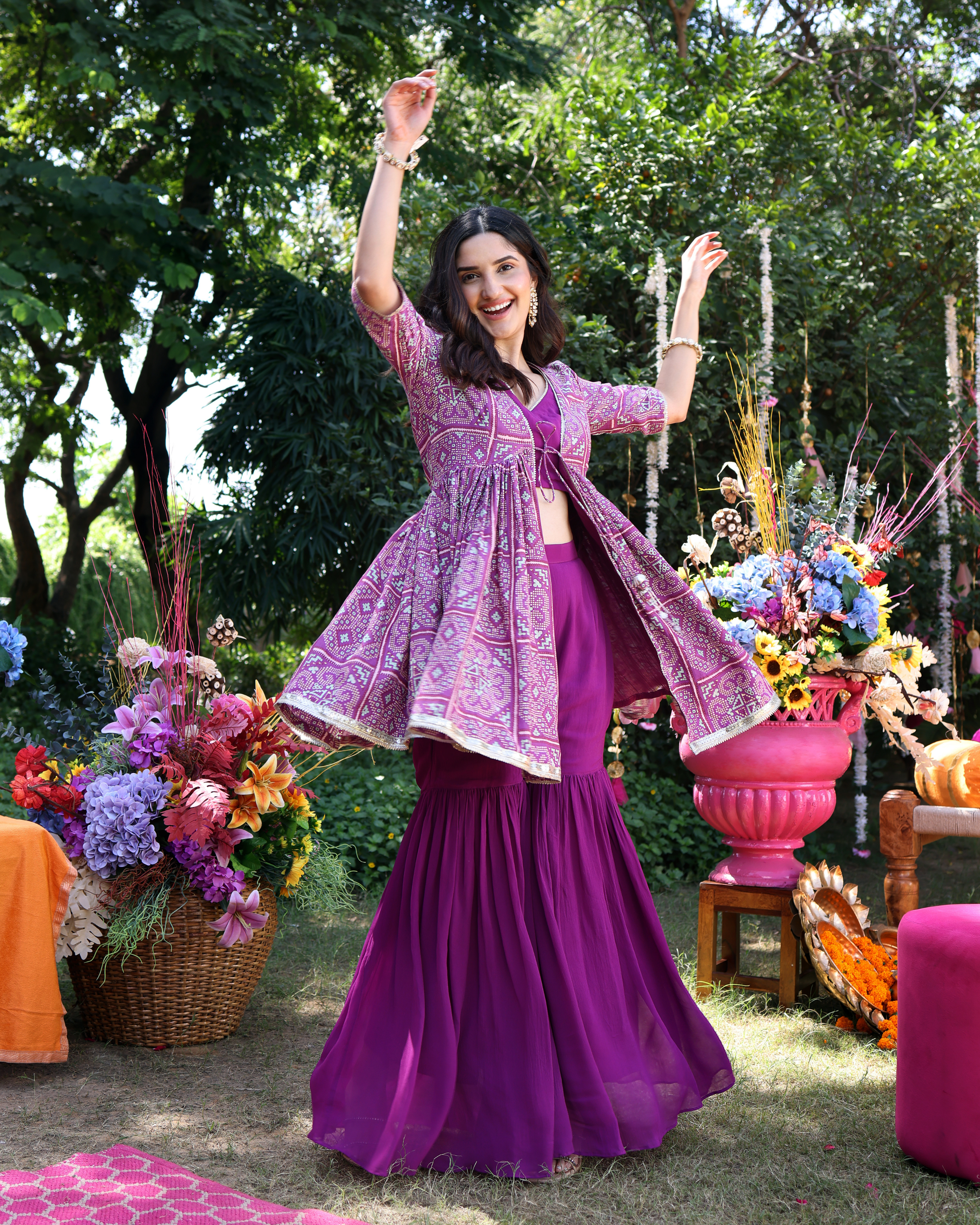 Aachho Geometric Purple Elegance Printed Satin Sharara Set