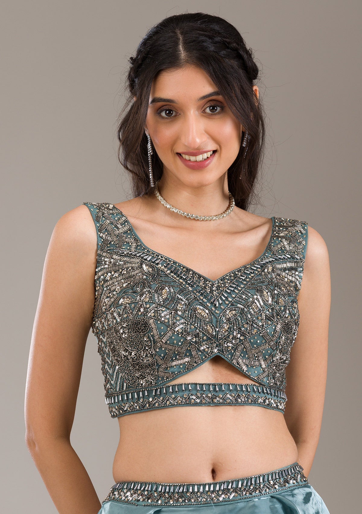 Koskii Sea Green Cutdana Organza Readymade Lehenga - view 2