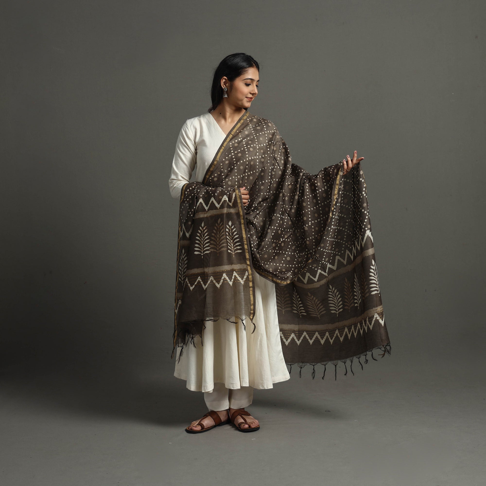 BAGRU DABU PRINTS Brown - Block Printed Chanderi Silk Bagru Dupatta 40 - view 2