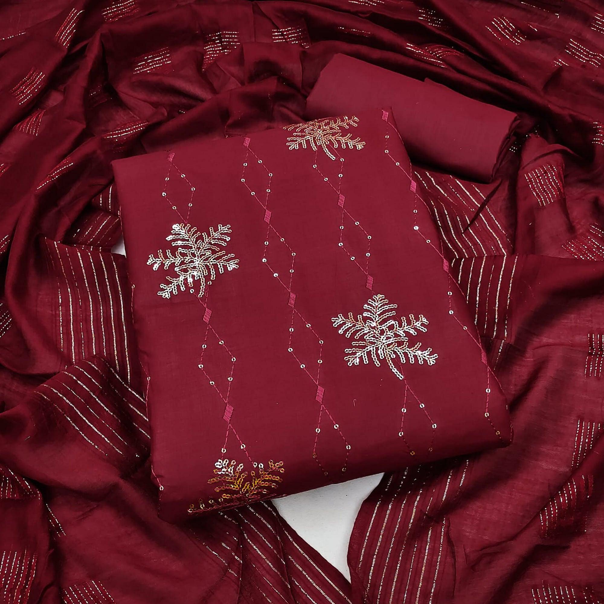 Peachmode Maroon Sequins Embroidered Pure Cotton Dress Material