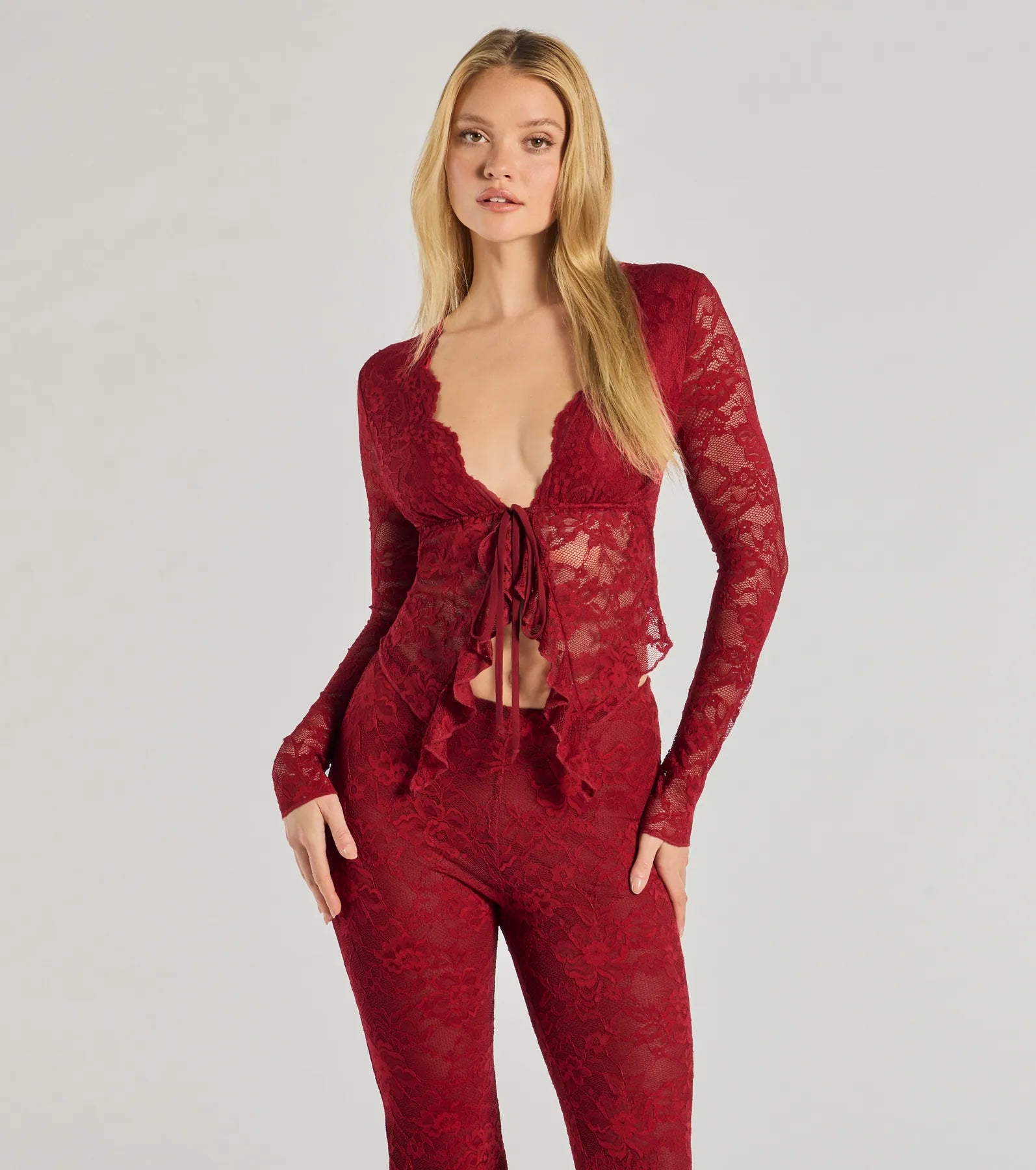 Windsor Delicate Flair Floral Lace Tie-Front Top