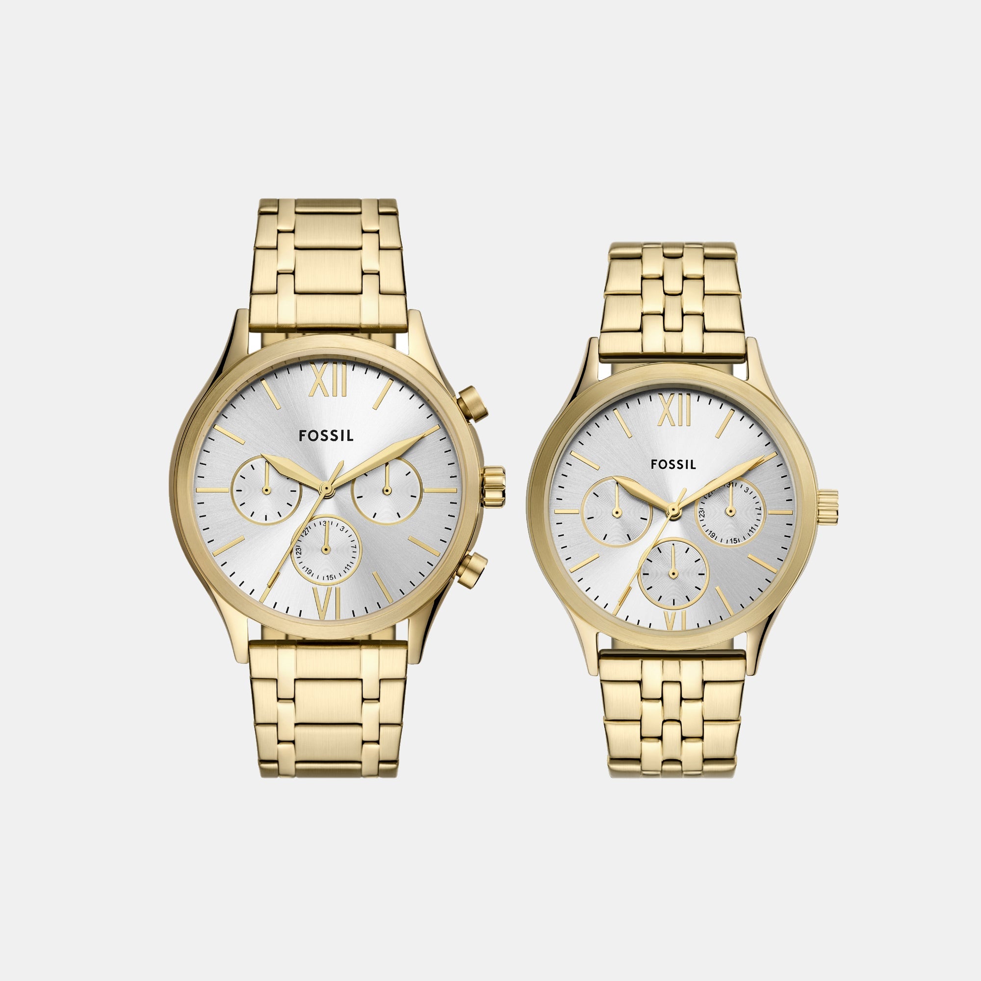 Fossil Fenmore Couple Quartz Silver Dial Multi-Function Stainless Steel Watch BQ2899SET