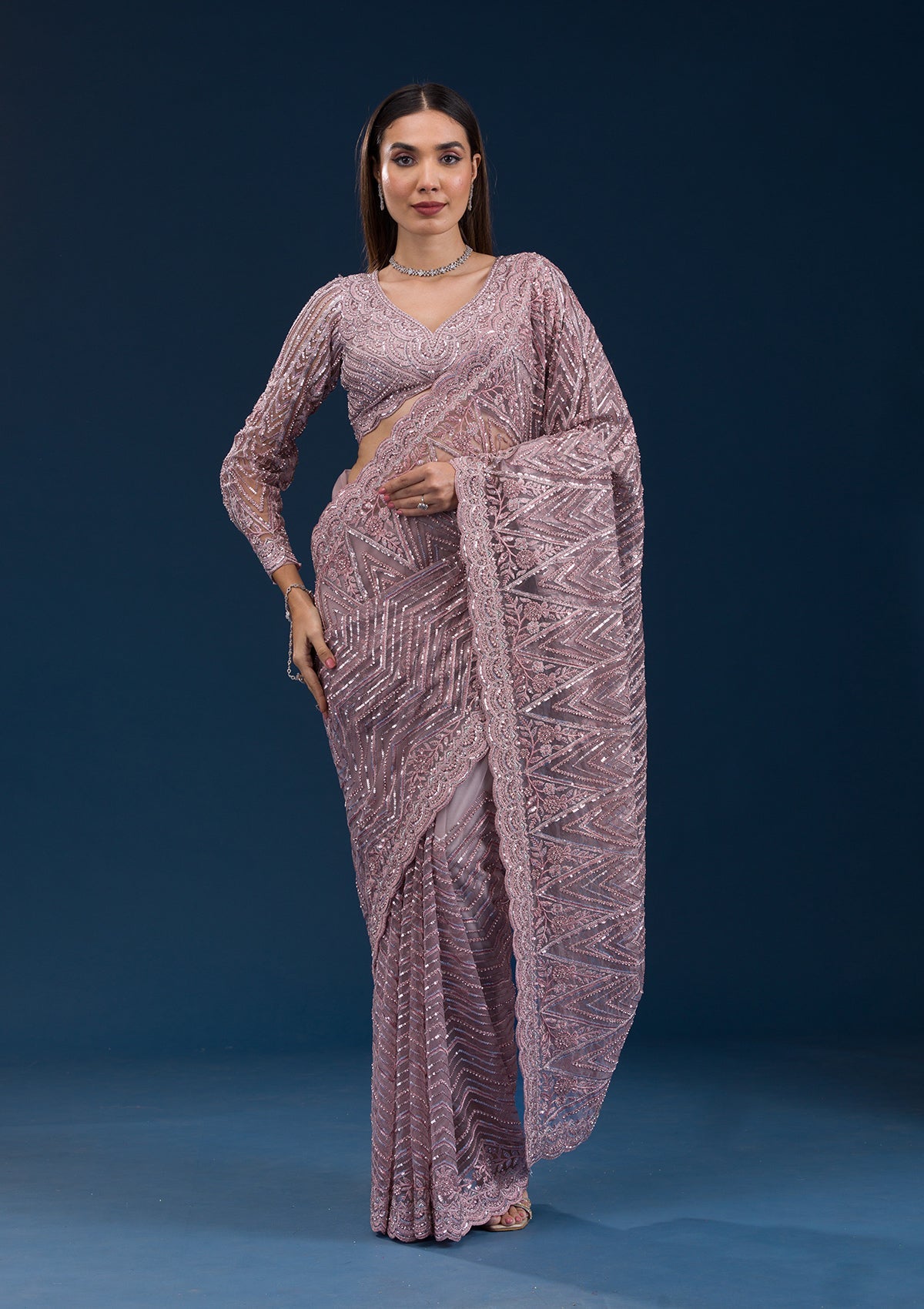 Koskii Onion Pink Sequins Net Saree – Women's
