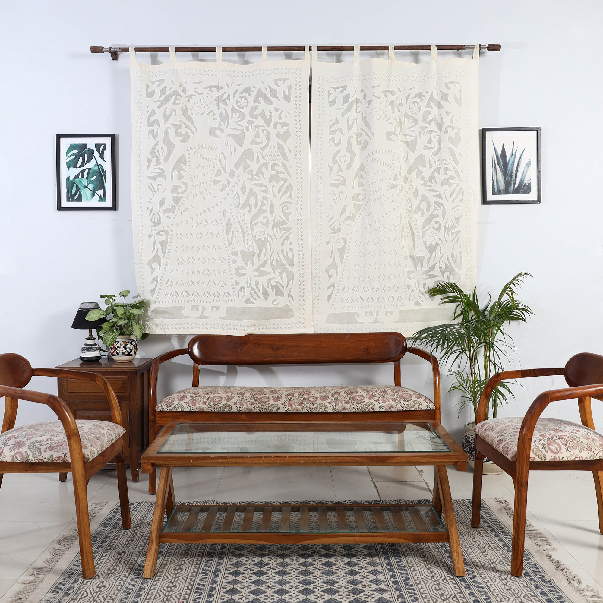 SHADES OF MARUDHARA Beige - King Cutwork Cotton Barmer Applique Window Curtain