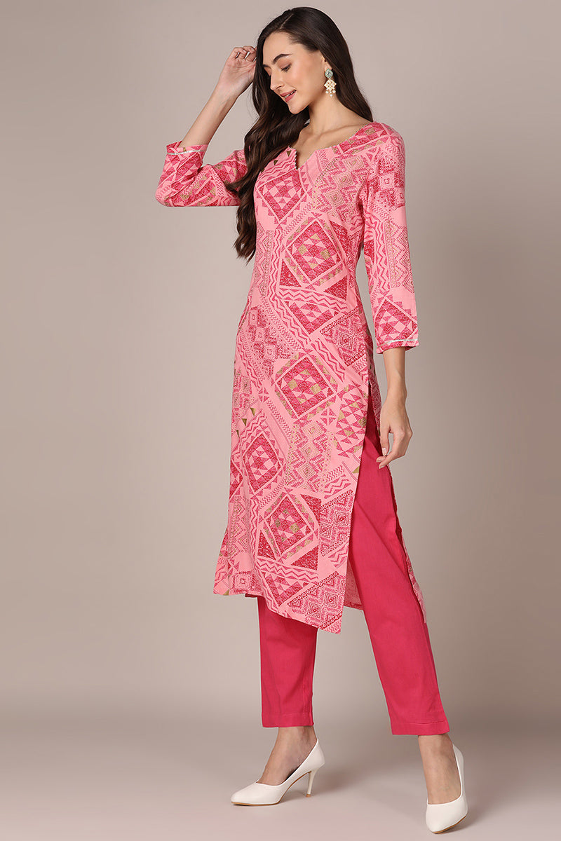 Ahika Pink Viscose Rayon Geometric Printed Straight Style Suit Set VKSKD1991 - view 3