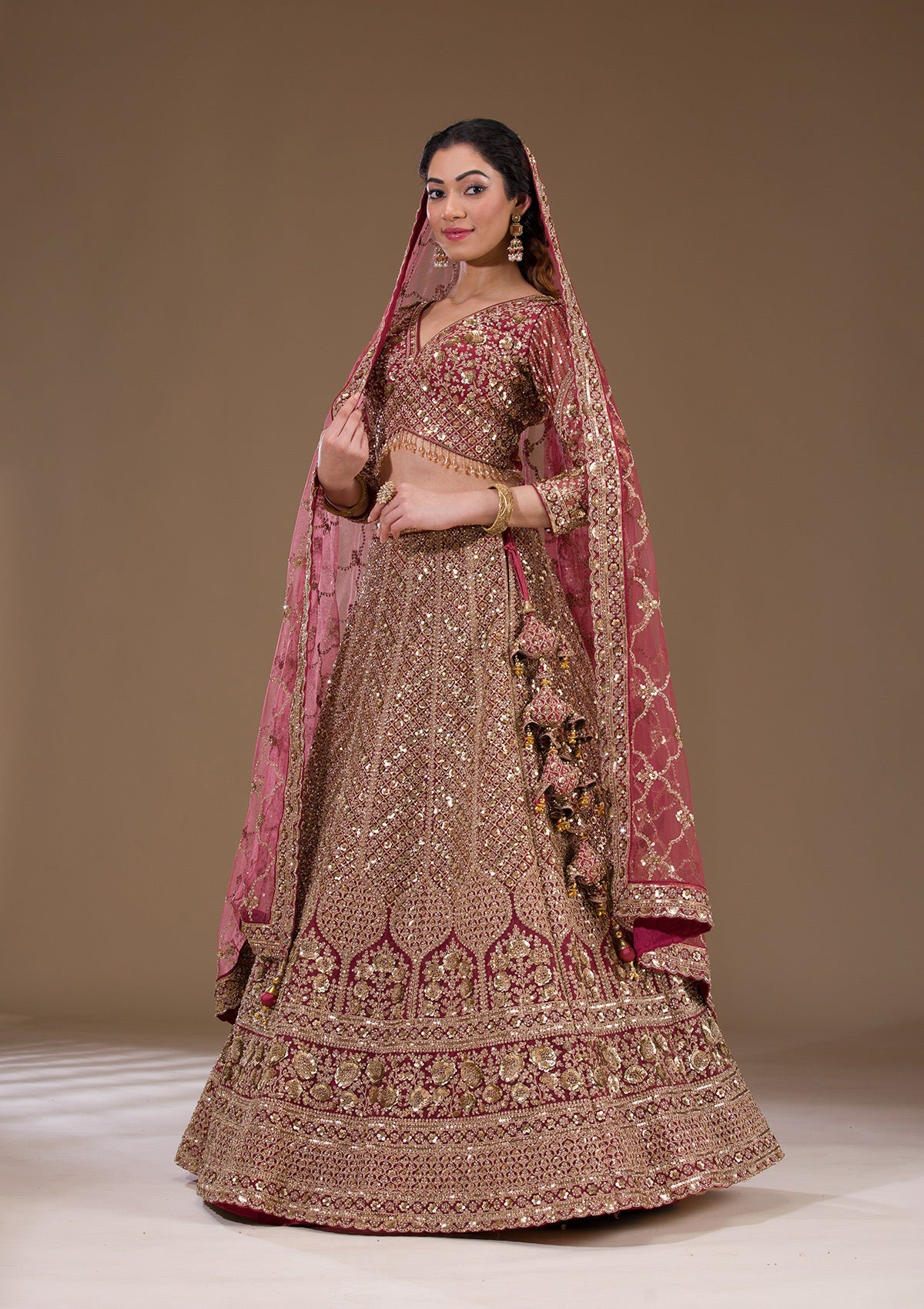 Koskii Light Brown Sequins Net Readymade Lehenga