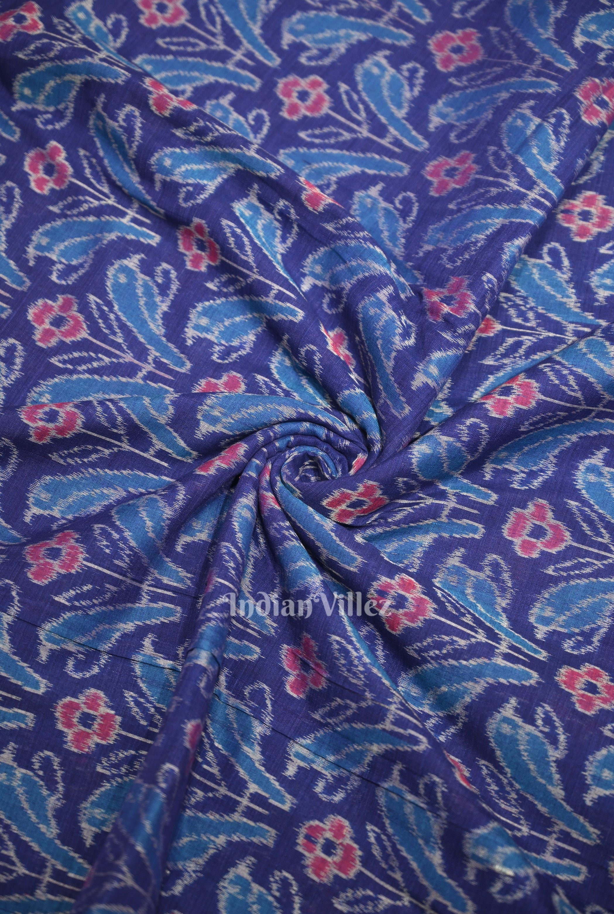 IndianVillèz Blue Flower Motif Sambalpuri Ikat Cotton Fabric