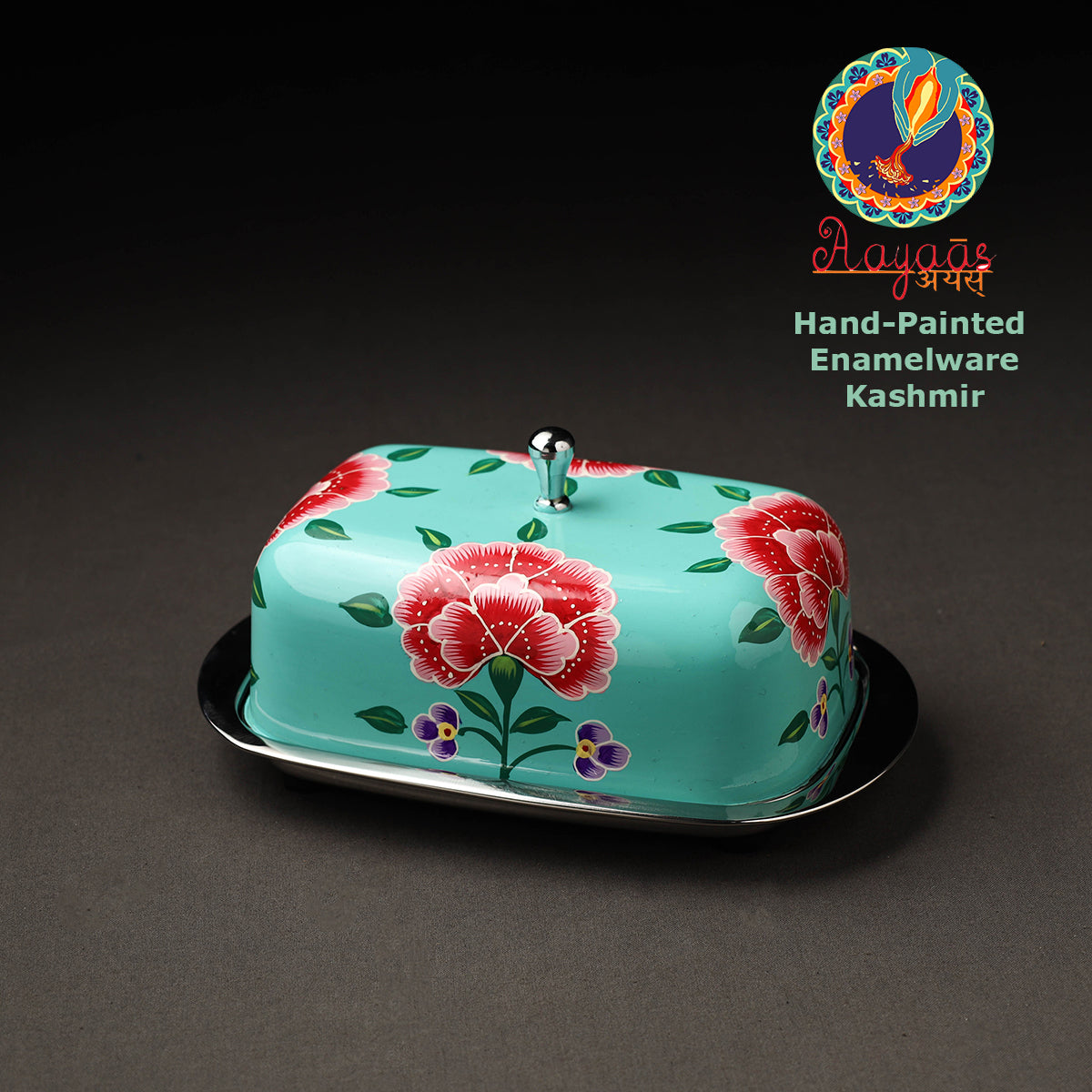 AAYAAS Blue - Floral Handpainted Enamelware Stainless Steel Butter Dish (Capacity- 500Grams)