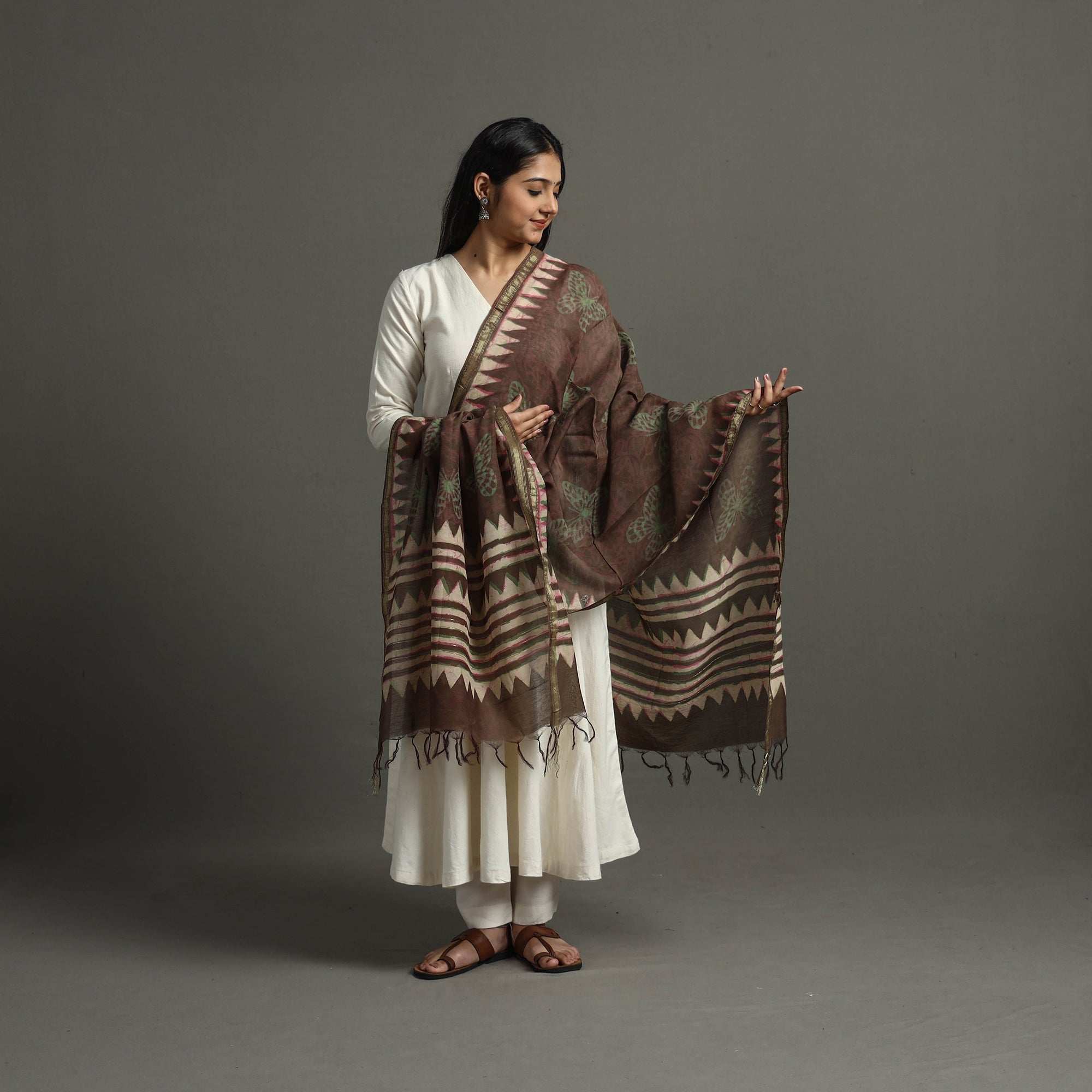 BAGRU DABU PRINTS Brown - Block Printed Chanderi Silk Bagru Dupatta 50 - view 2