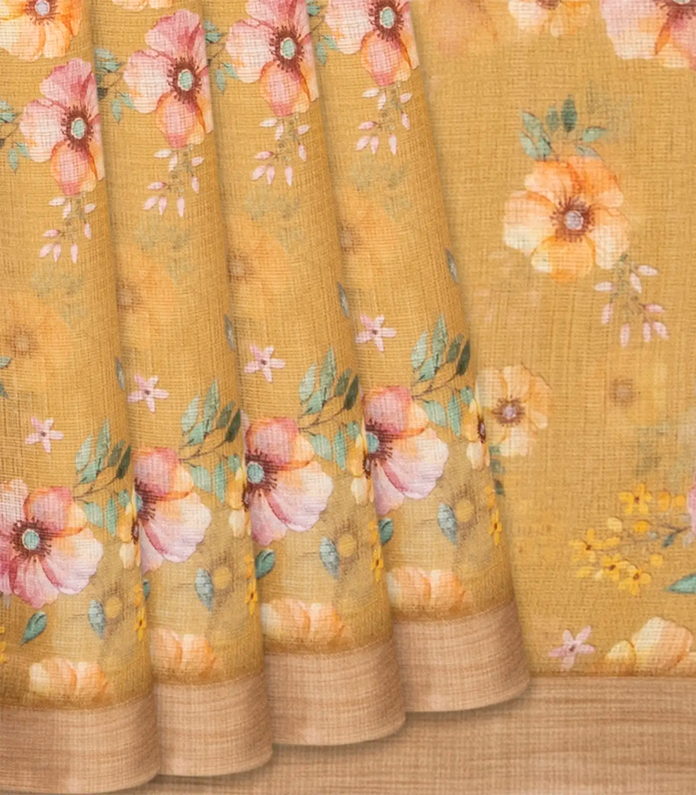 RmKV Sandal Woven Kota Silk Saree With Printed Floral Motifs-Sandal