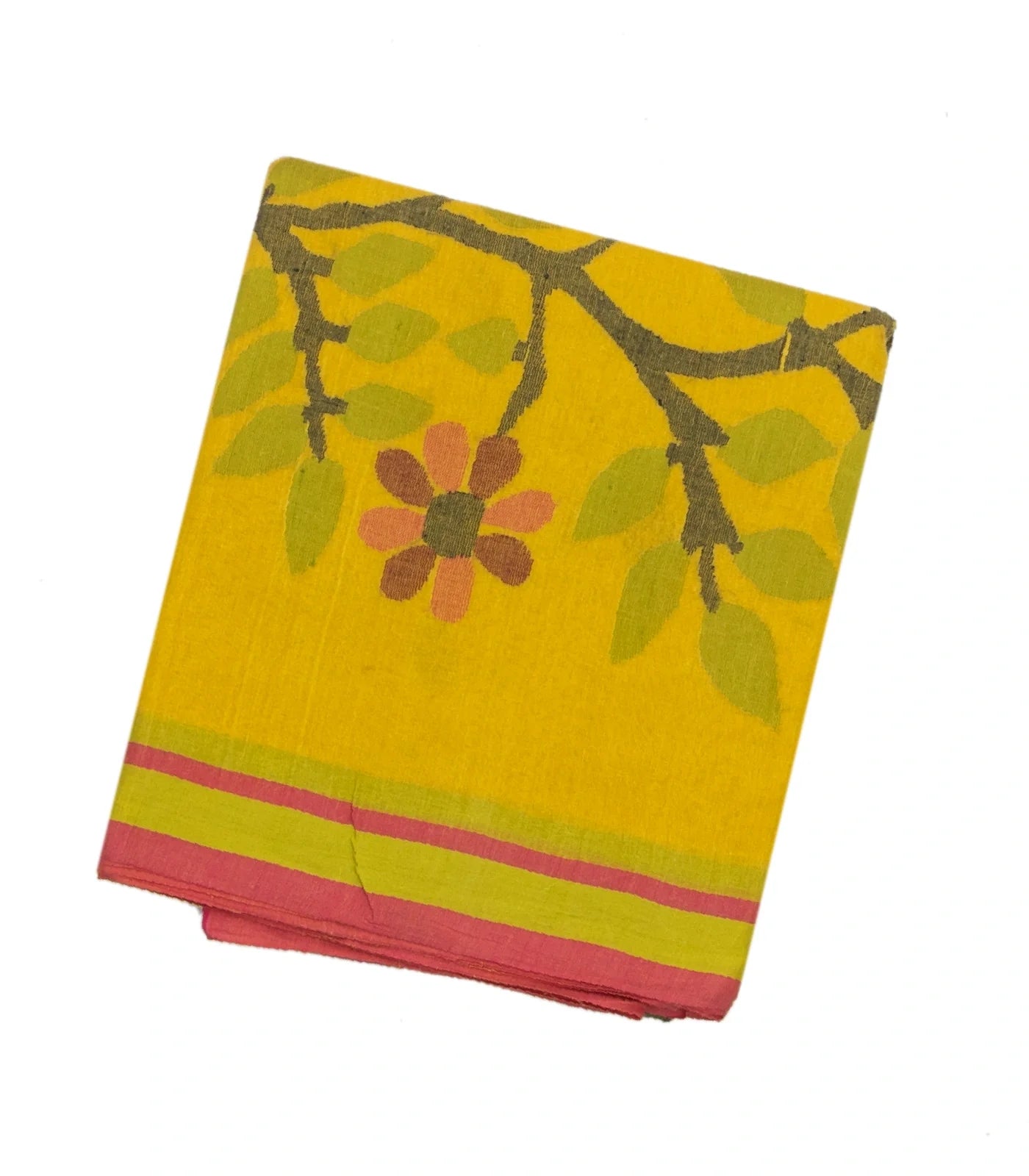 RmKV Lemon Yellow Handloom Bengal Cotton Saree With Diamond Motifs