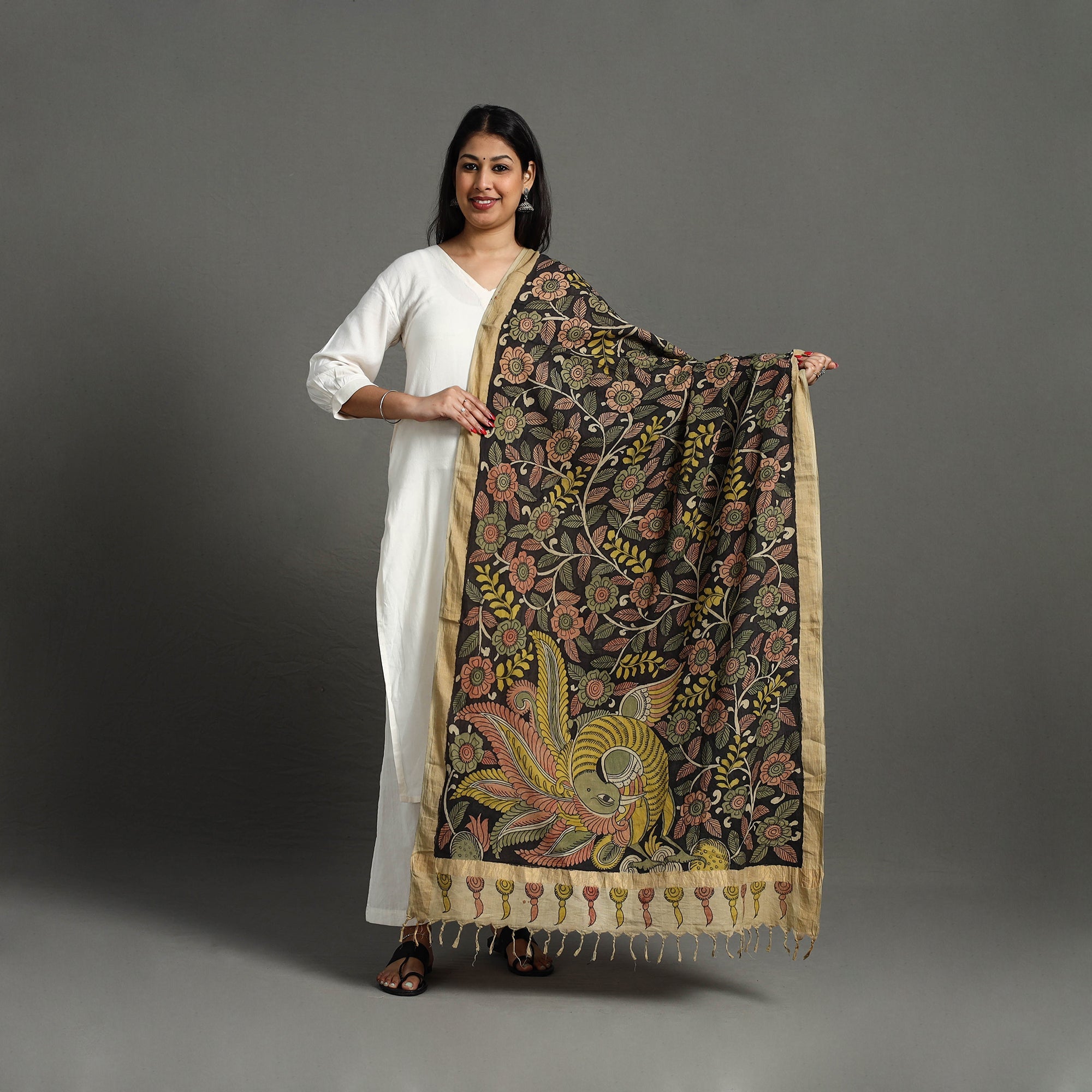 SOUTH KARGHA Black - Mangalagiri Cotton Handpainted Pen Work Kalamkari Dupatta 18