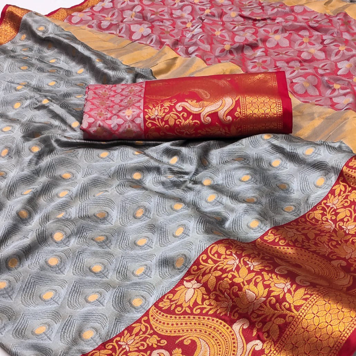 Peachmode Grey Woven Cotton Silk Saree With Tassels - view 2