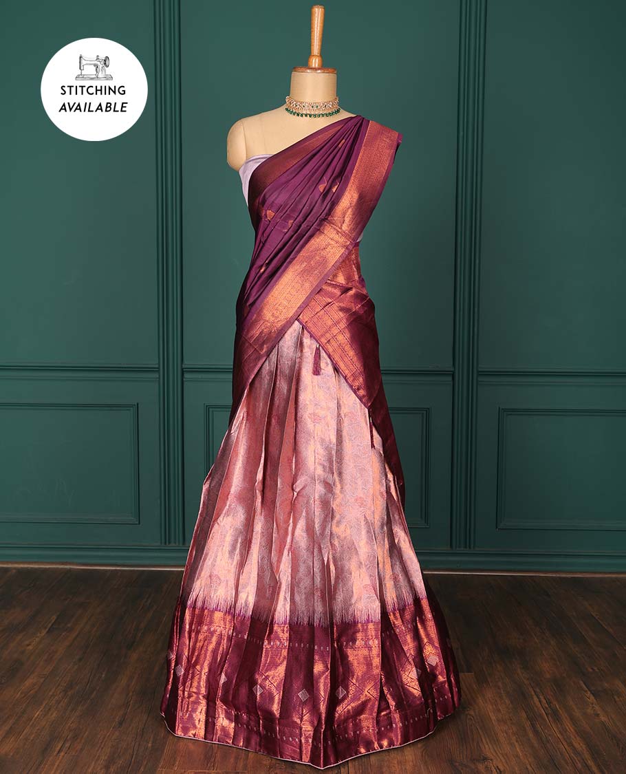 Pothys Pink jacquard art-silk half-saree, zari design blouse, contrast traditional design border & intricate dupatta