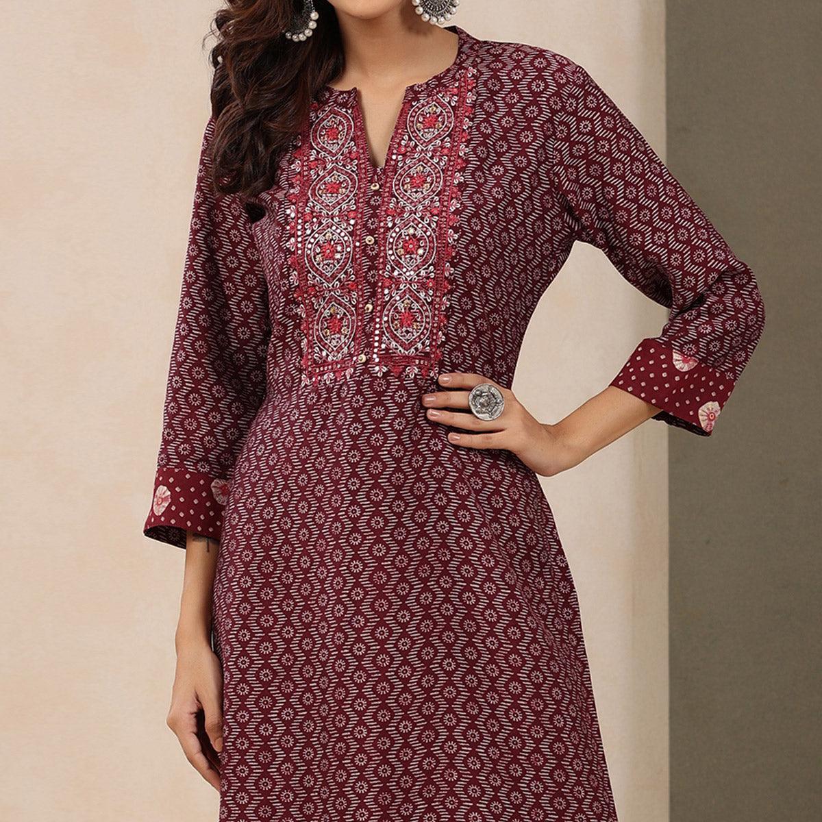 Peachmode Maroon Printed With Embroidered Chanderi Kurti - view 3
