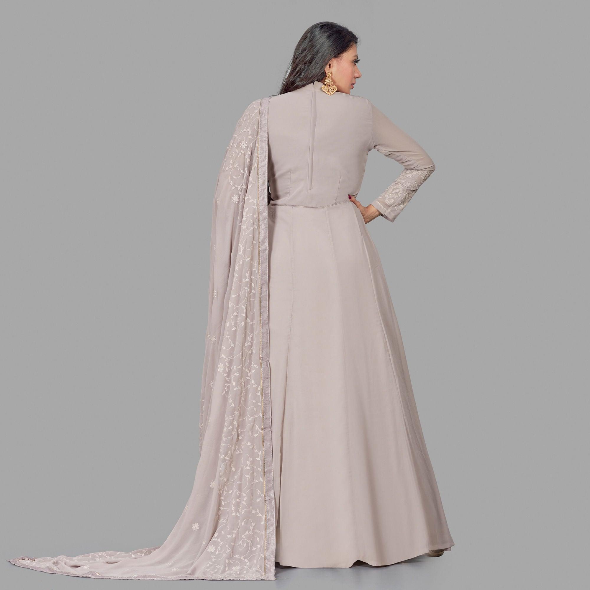 Peachmode Jazzy Grey Colored Party Wear Embroidered Heavy Faux Georgette Anarkali Suit - view 3