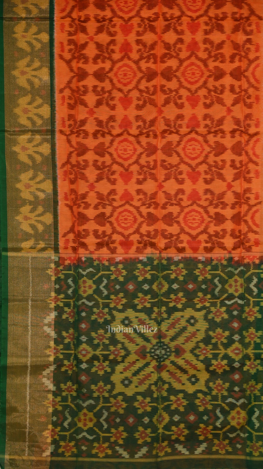 IndianVillèz Orange Green Pochampally Ikat Sico (Silk & Cotton) Saree with Zari Border - view 2