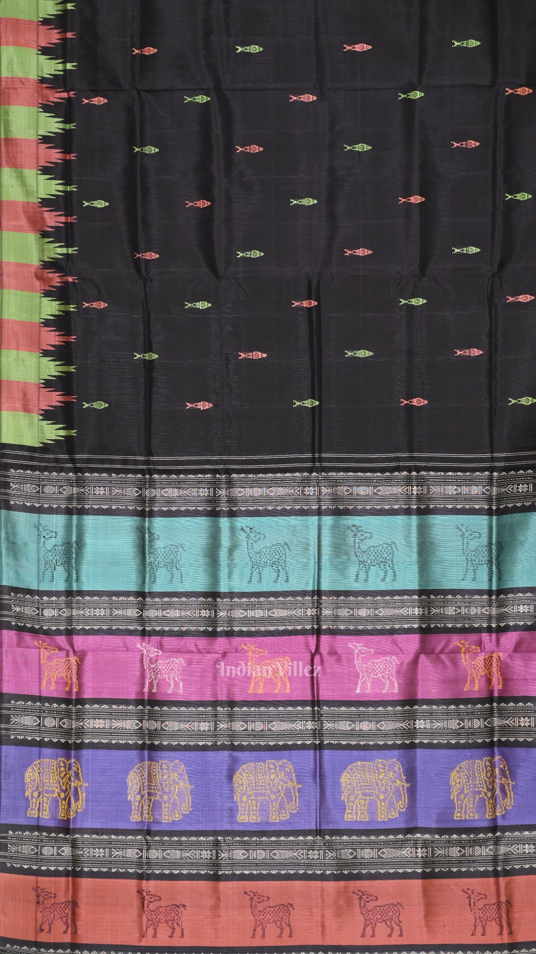 IndianVillèz Black with Fish Motif Double Pallu Berhampuri Silk Saree - view 3