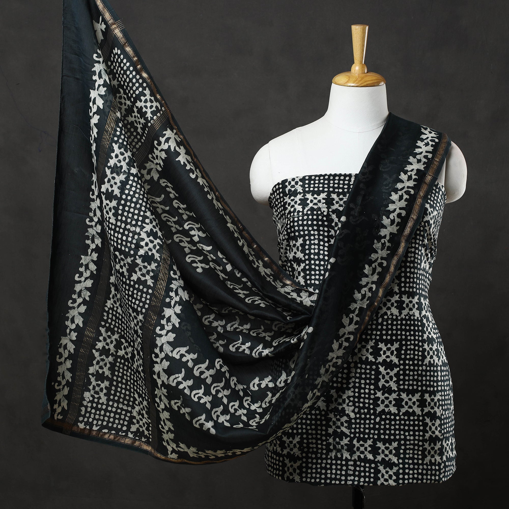 BATIK BY MD. SHARIFF Black - 3pc Chanderi Silk Hand Batik Print Dress Material 37