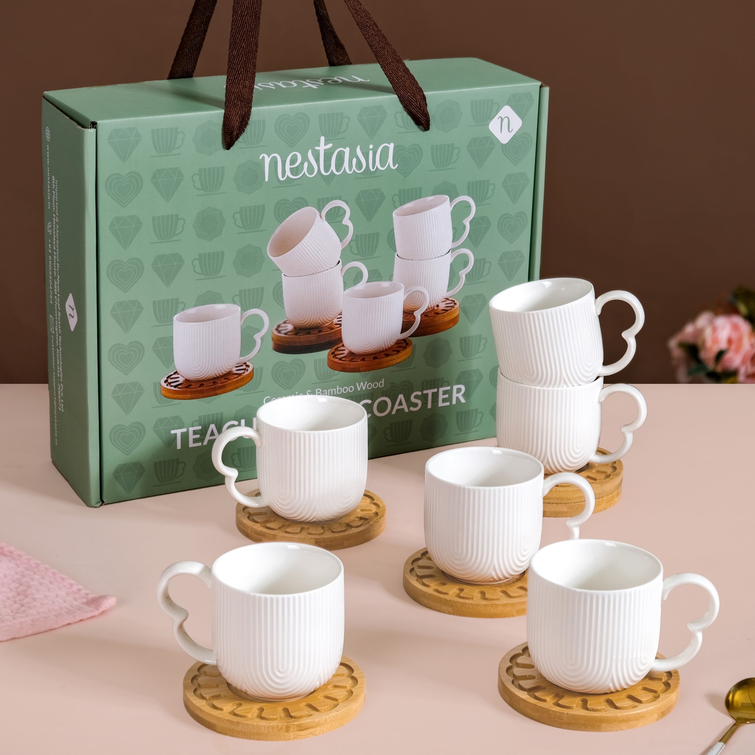 Nestasia Modern Art Deco Ceramic Cup Set Of 6 With Coasters 180ml
