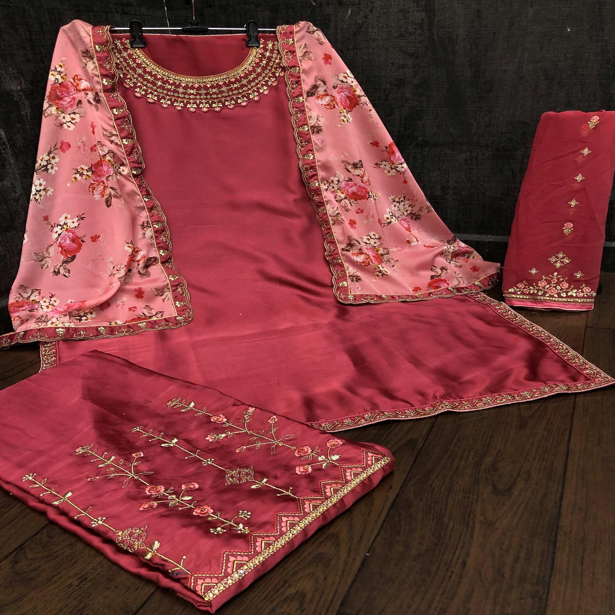 Peachmode Eye-catching Maroon Colored Partywear Embroidered Muslin Satin Gharara Suit With Palazzo