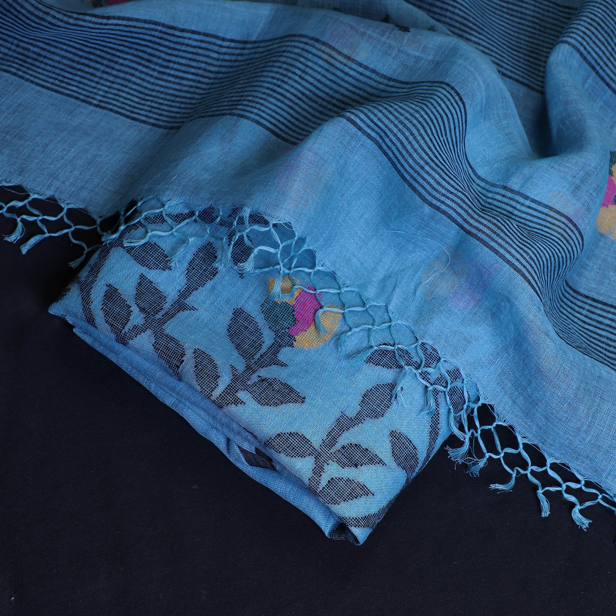 KHUSHBASH - HAPPY LOOM OF EAST Blue - 2pc Phulia Jamdani Weave Handloom Linen Suit Material Set - view 2