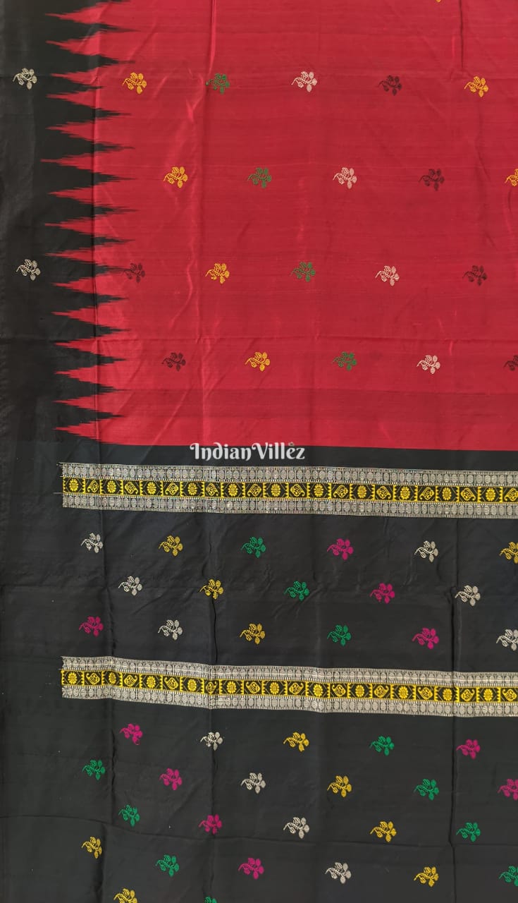 IndianVillèz Black Red Floral Design Bomkai Silk Saree - view 3