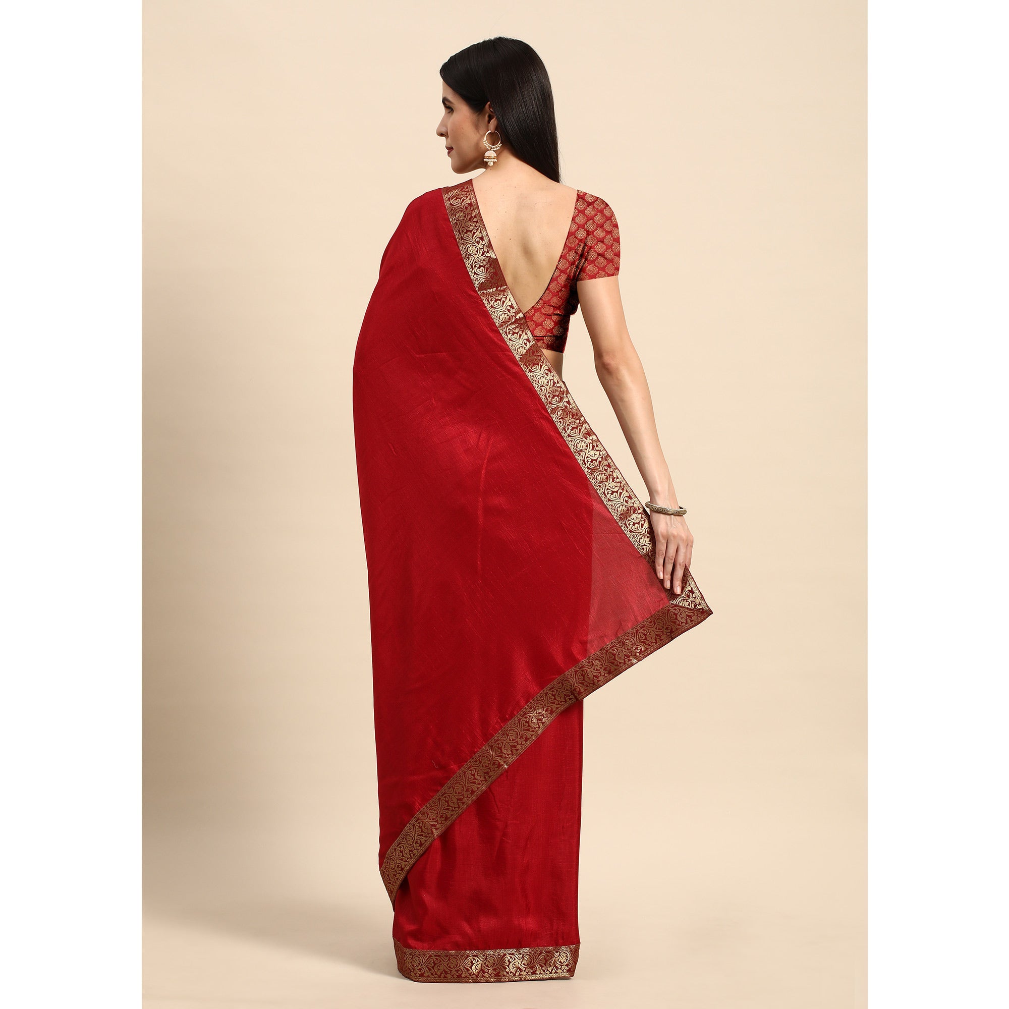 Peachmode Maroon Solid Vichitra Silk Saree With Fancy Zari Border - view 4