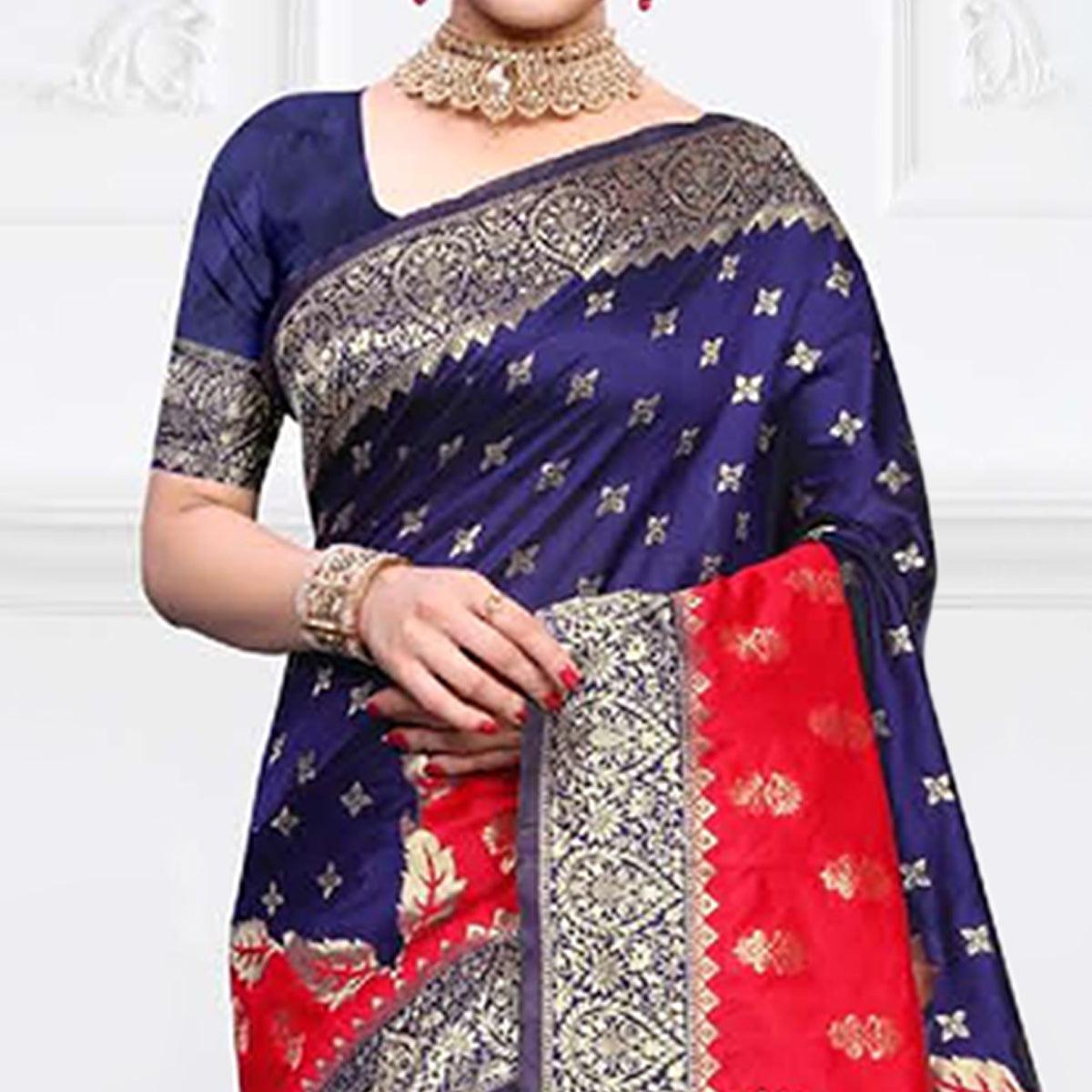 Peachmode Energetic Navy Blue - Red Colored Festive Wear Woven Art Silk Saree - view 2