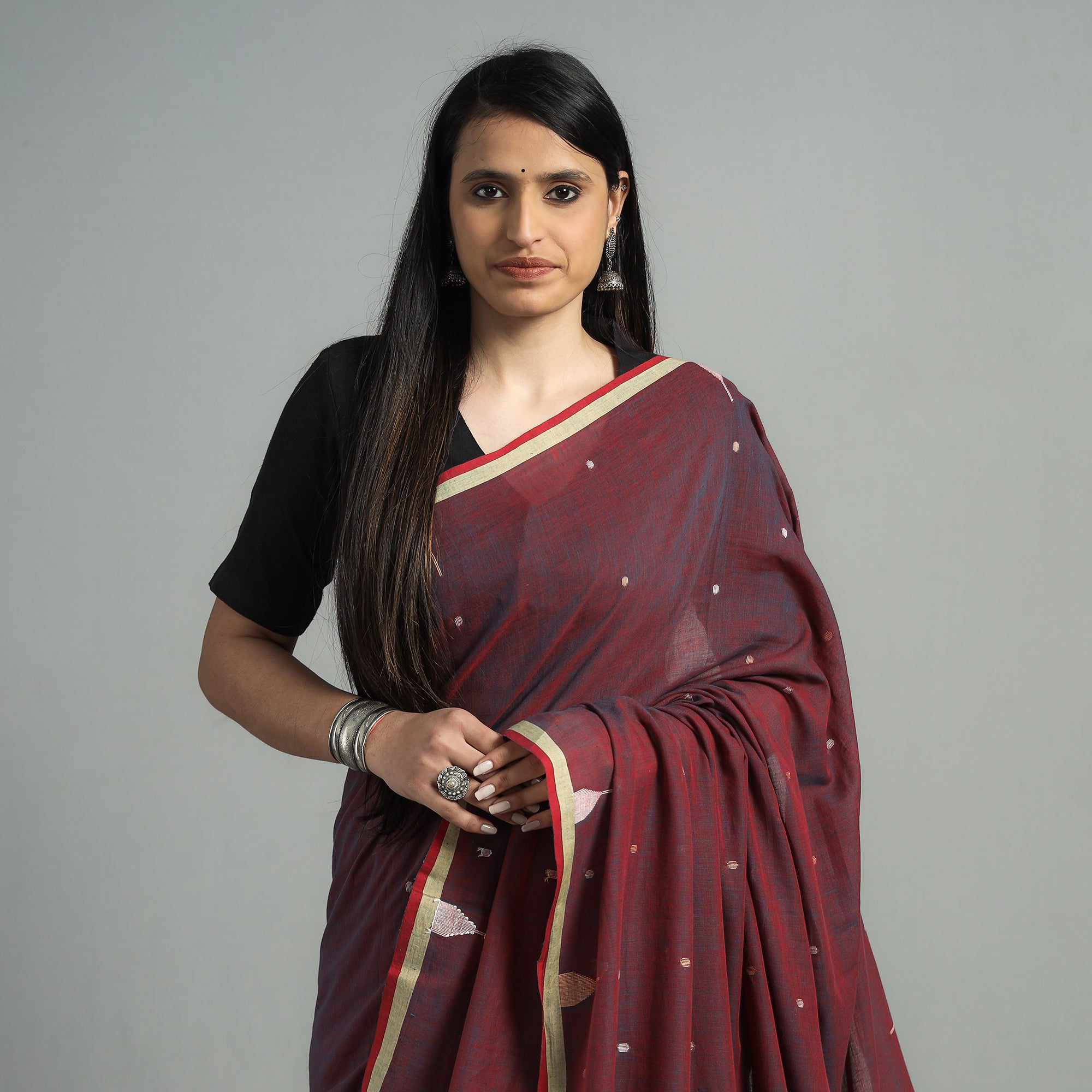 SASHA Brown - Handloom Cotton Phulia Jamdani Saree with Tassels - view 2
