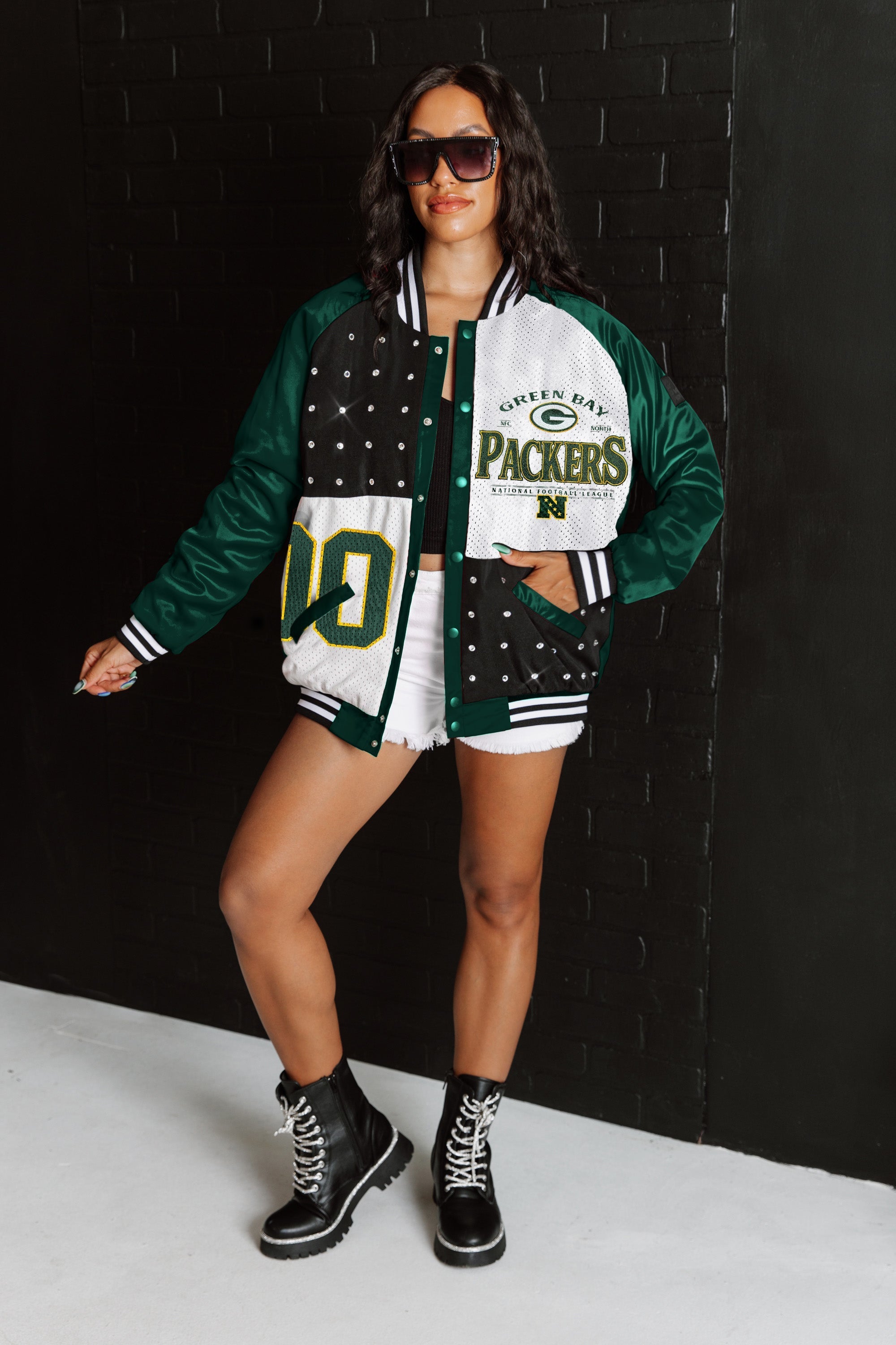 GC X NFL Green Bay Packers Hot Shot Mixed Media Throwback Varsity Bomber Jacket With Rhinestone Inserts