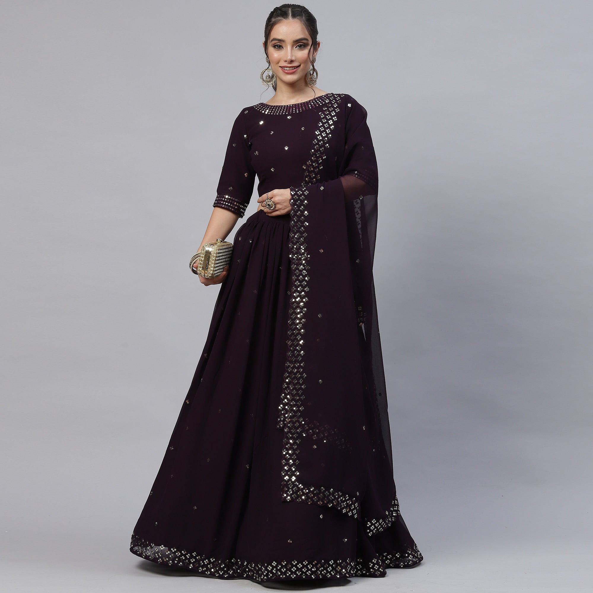 Peachmode Dark Purple Sequins Embroidered Georgette Lehenga Choli - view 4
