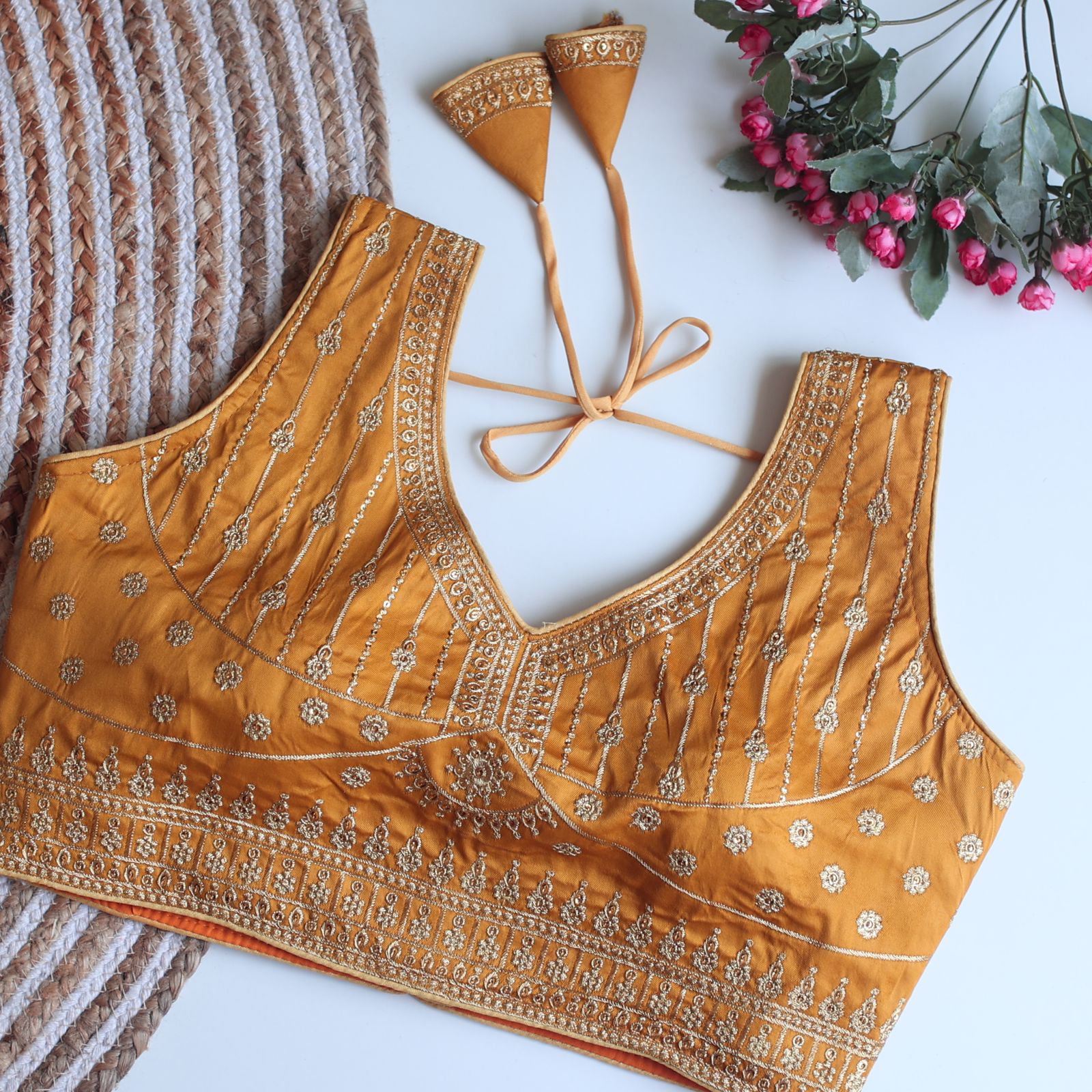 ClothsVilla Orange Full Embroidery Monsoon Silk Blouse with Golden Sequin Design