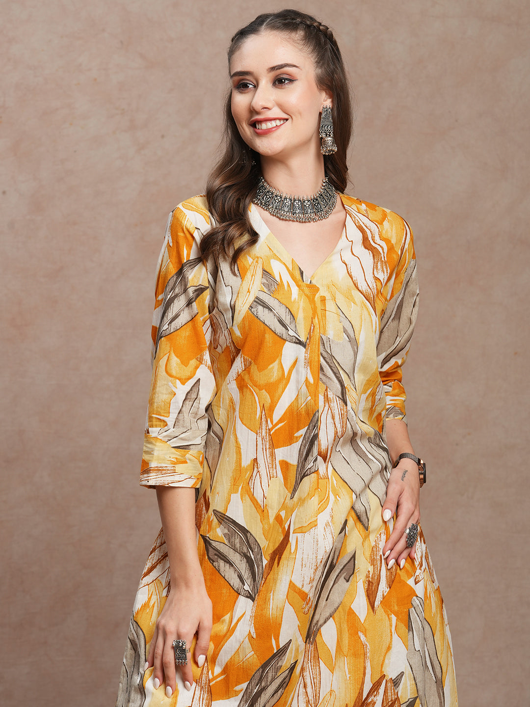 FASHOR Abstract Floral Printed A-Line Kurta - Yellow - view 2