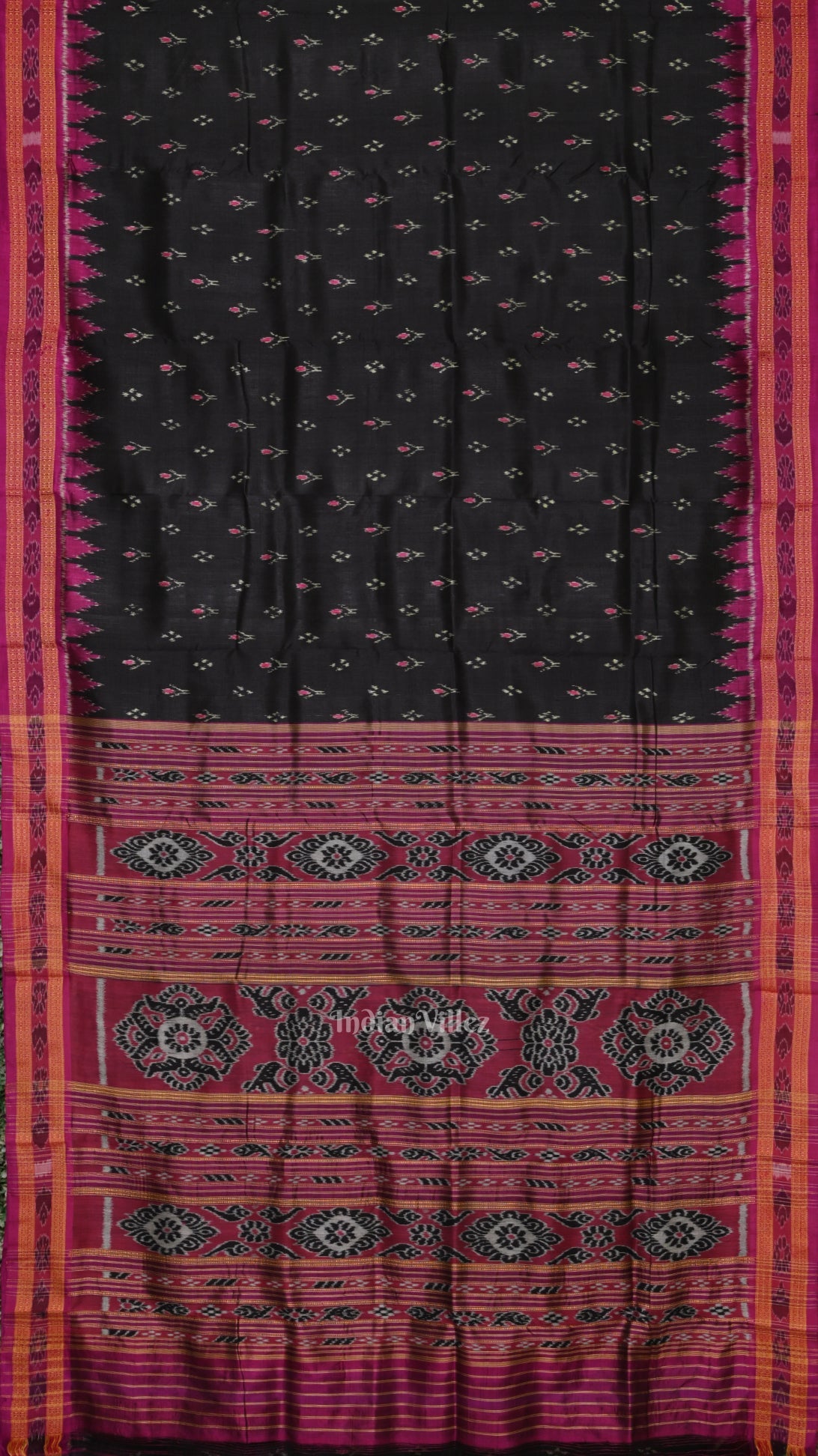 IndianVillèz Black Magenta Pink Mayur Chandrika Odisha Ikat Khandua Silk Saree