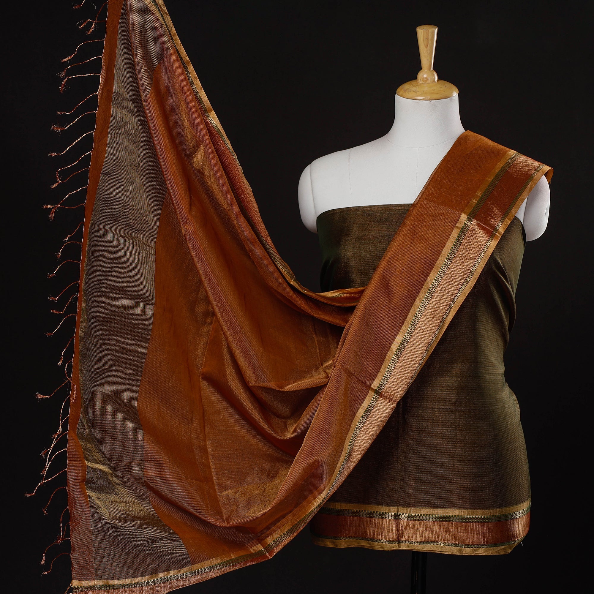 ITOKRI CRAFTS INITIATIVE Brown - 2pc Maheshwari Silk Cotton Tissue Zari Work Handloom Suit Material Set