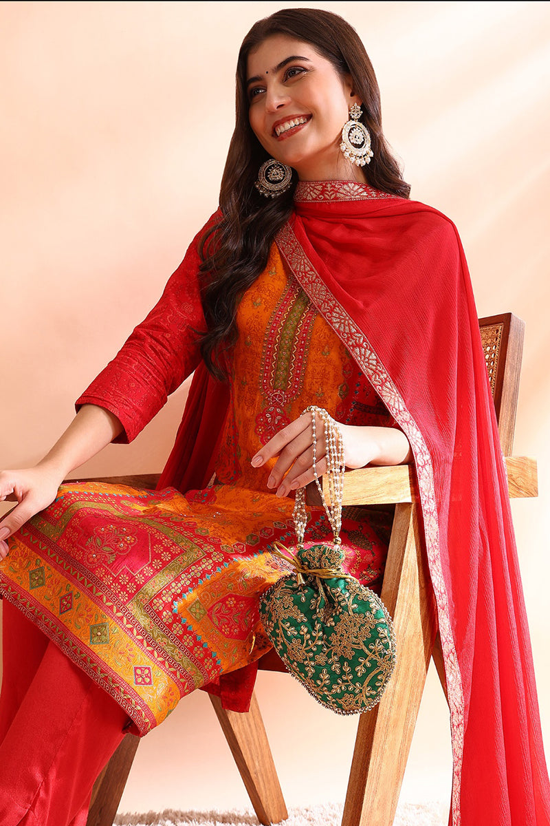 Ahika Red Chanderi Silk Ethnic Motifs Woven Design Straight Trouser Bottom Suit Set PKSKD2585 - view 2