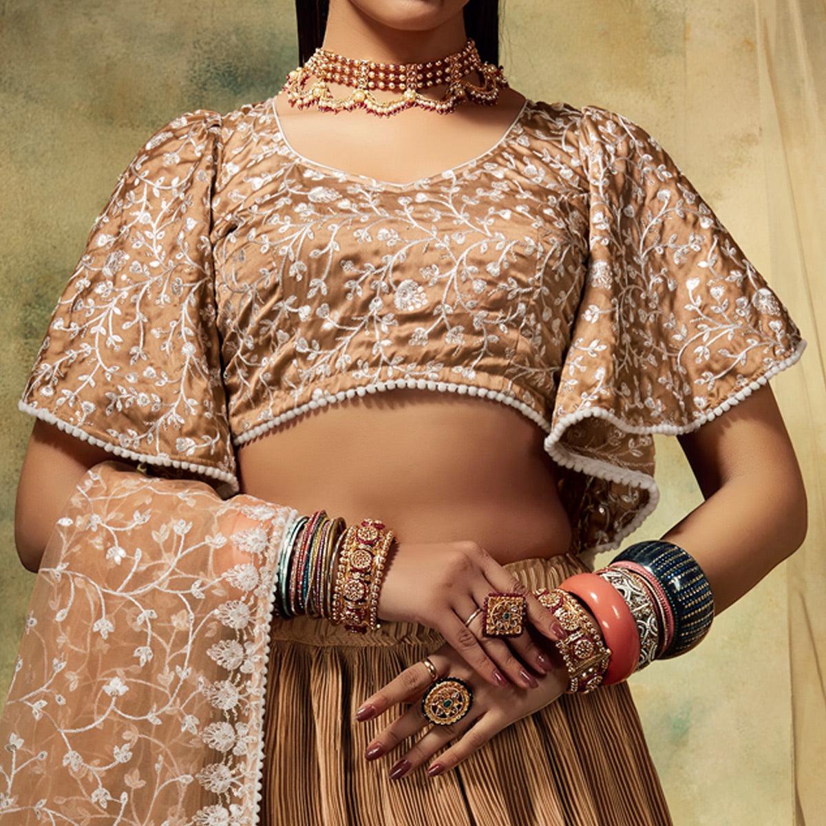 Peachmode Brown Solid Satin Lehenga Choli – Women's - view 3
