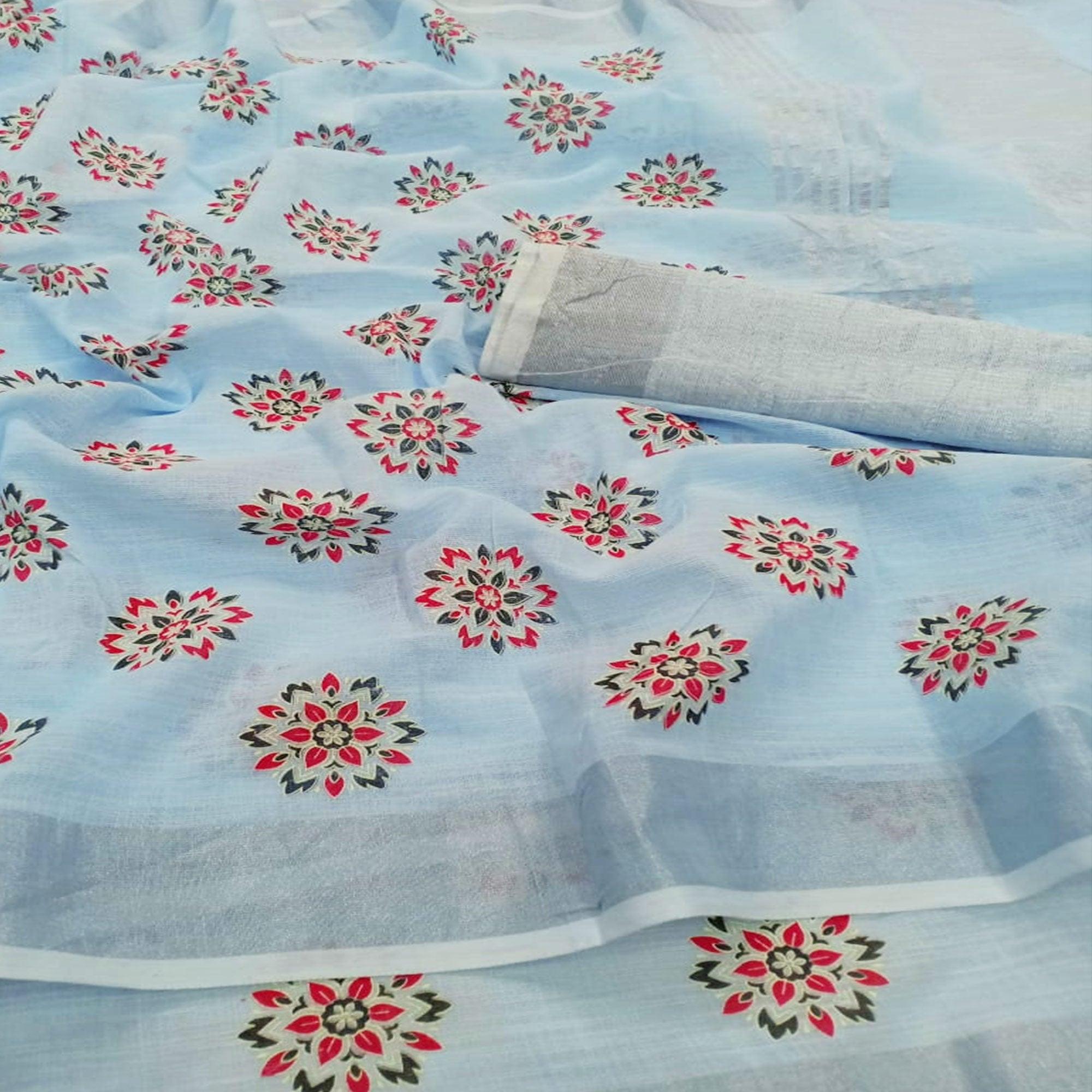 Peachmode Flirty Light Blue Colored Partywear Block Printed Pure Linen Saree