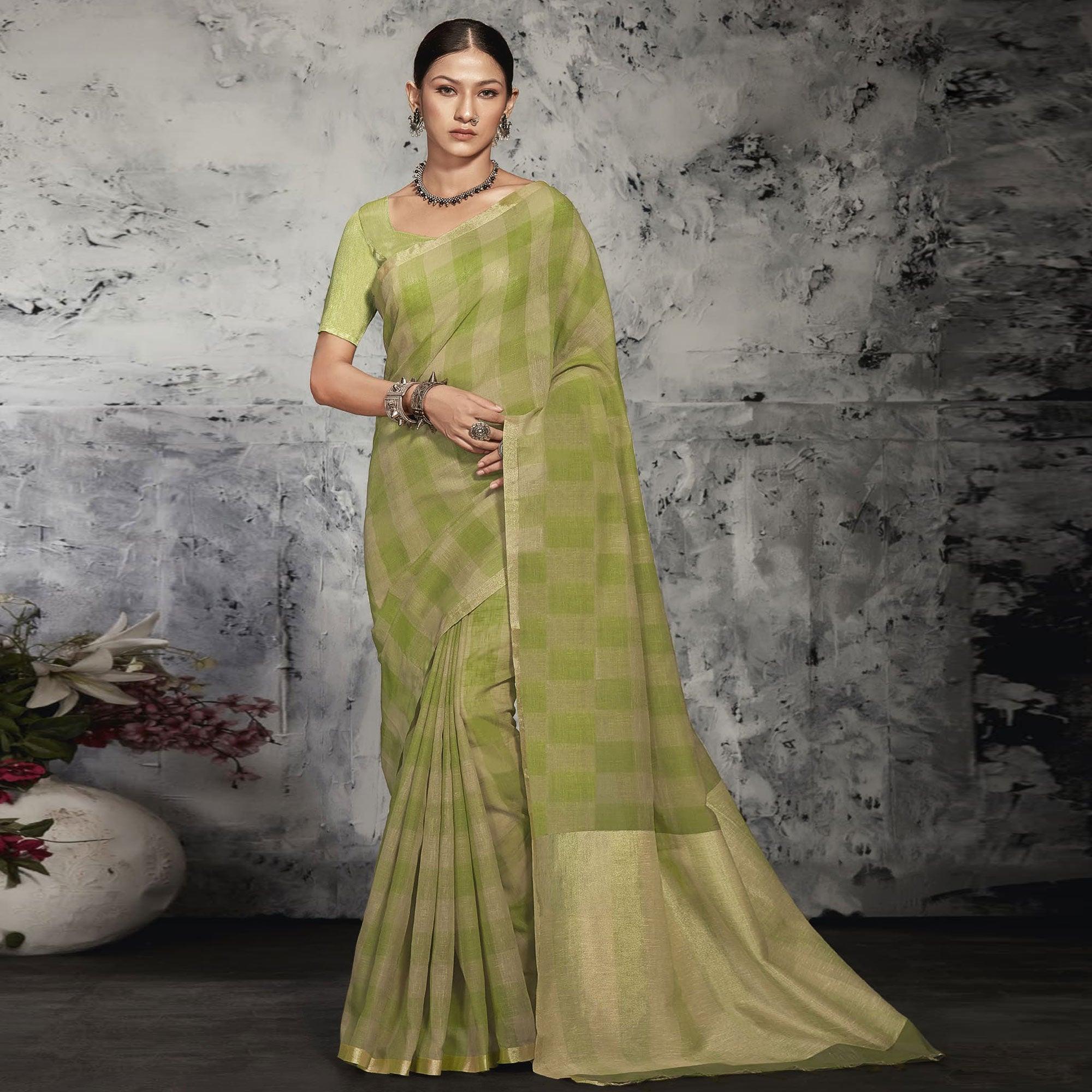 Green sarees – BlackTree green-casual-wear-printed-linen-saree-131318