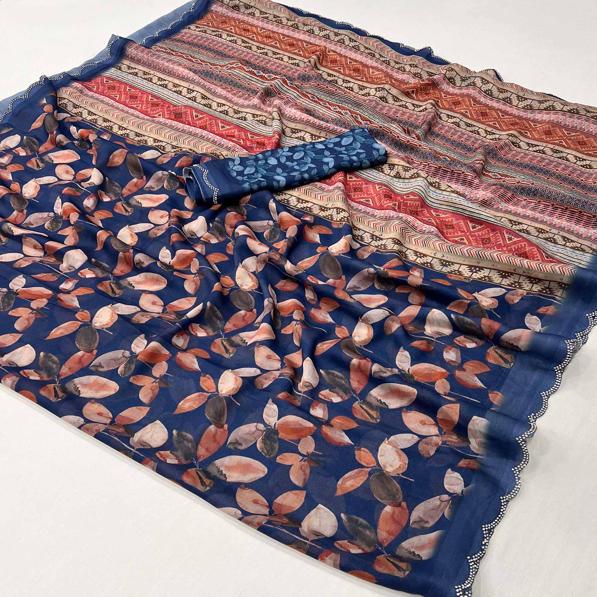 Peachmode Navy Blue Floral Digital Printed Georgette Saree With Stonework Border