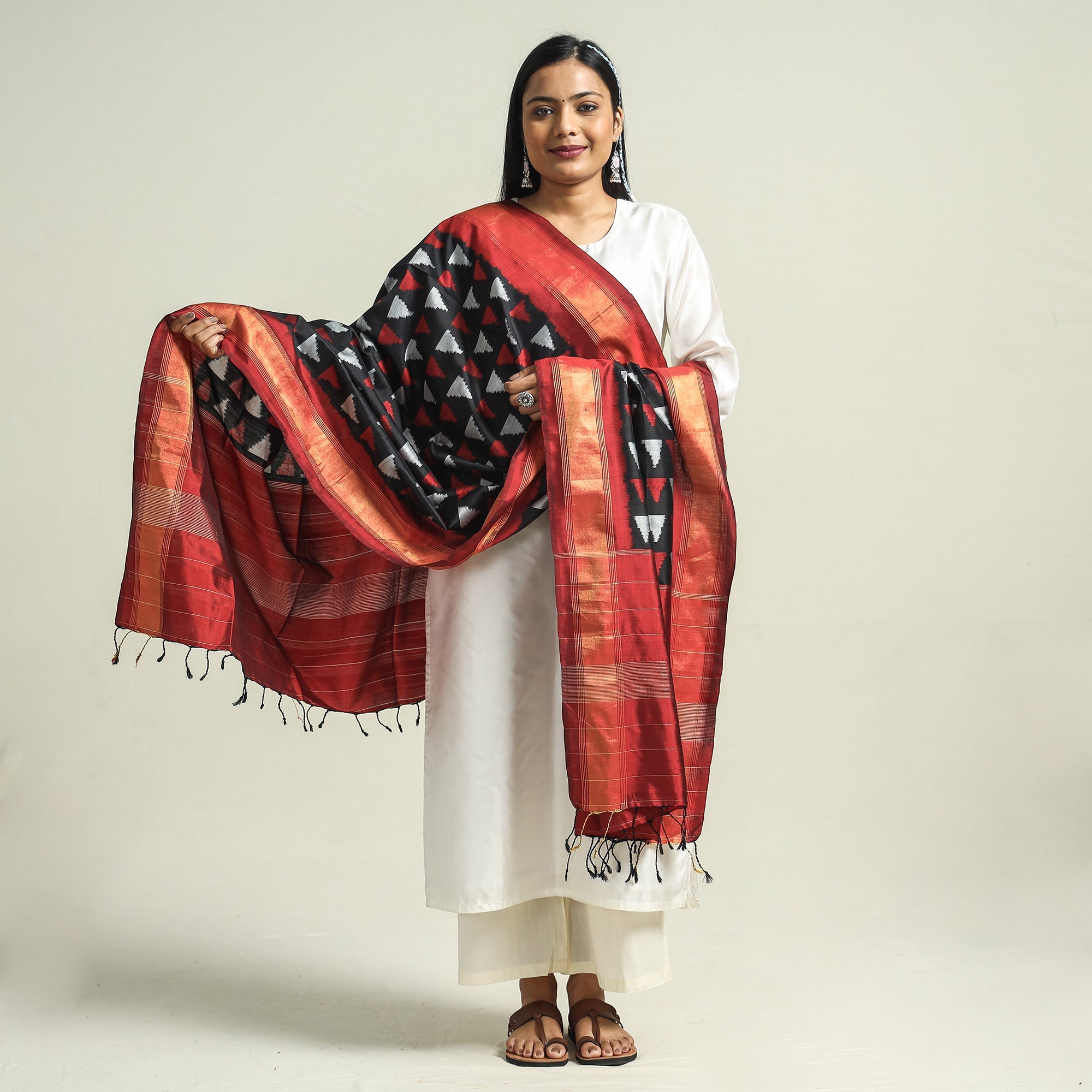 IKAT WEAVES BY EDEM CHANDANA Black - Handwoven Pochampally Ikat Pure Mulberry Silk Dupatta with Tassels - view 2