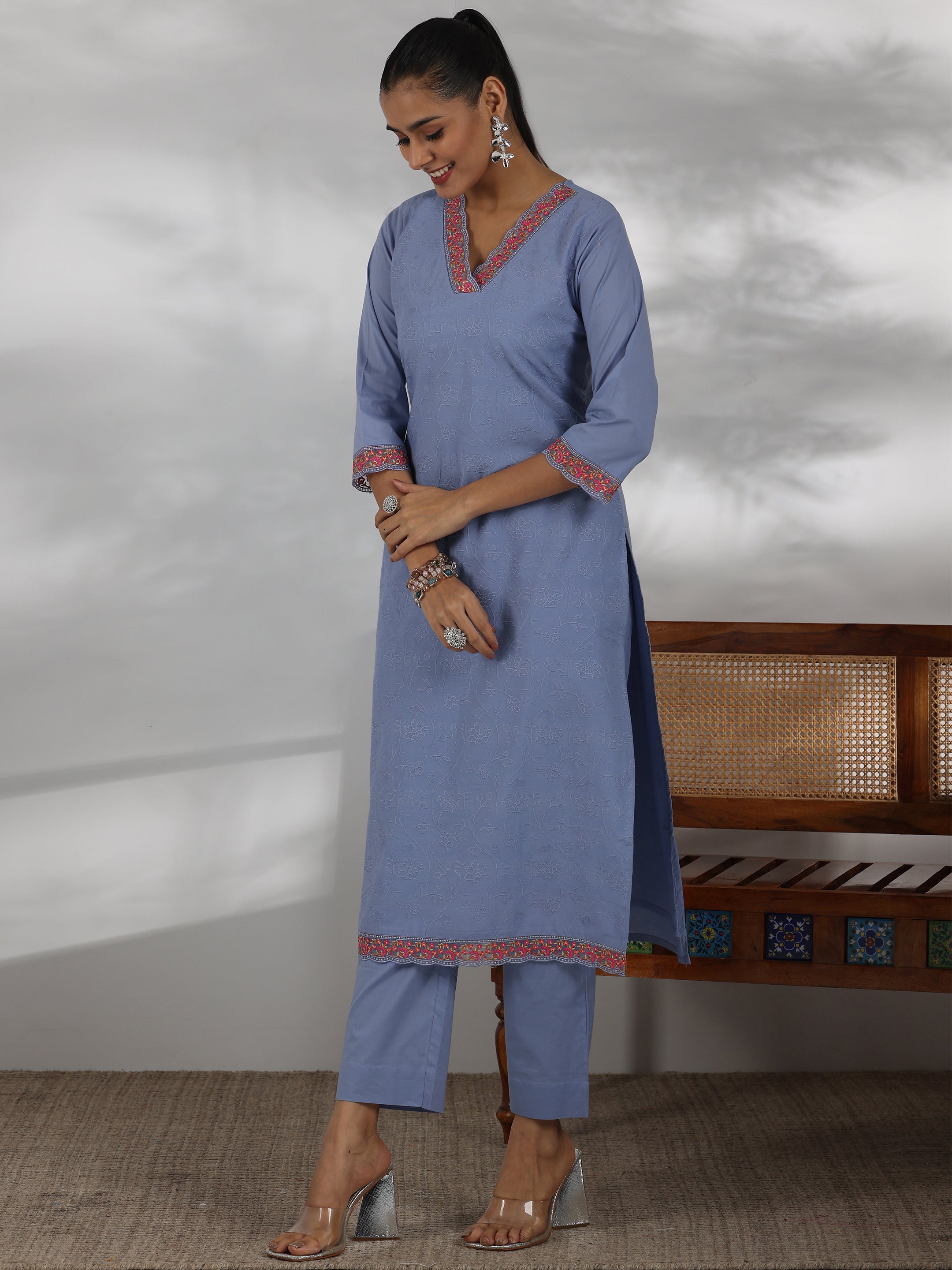 Libas Blue Embroidered Cotton Straight Suit With Dupatta - view 2
