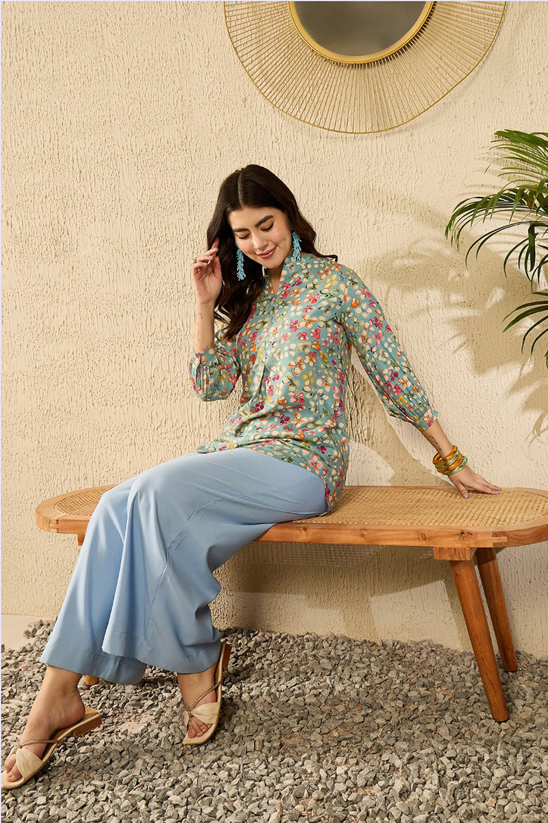 Ahika Blue Viscose Rayon Floral Printed Regular Kurti Tunics VT1335 - view 3