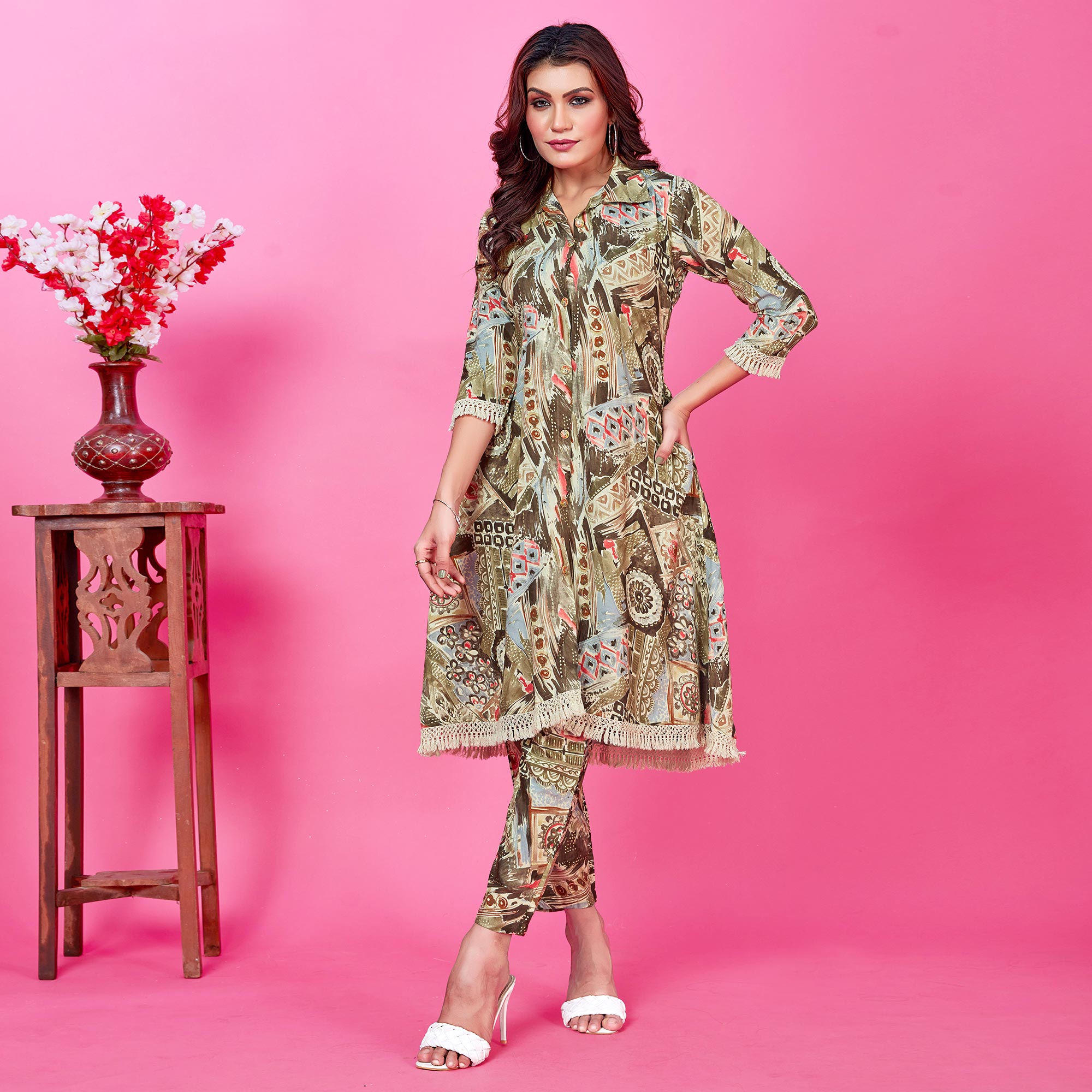 Peachmode Seller Mehandi Green Floral Foil Printed Rayon Co-Ord Set - view 2