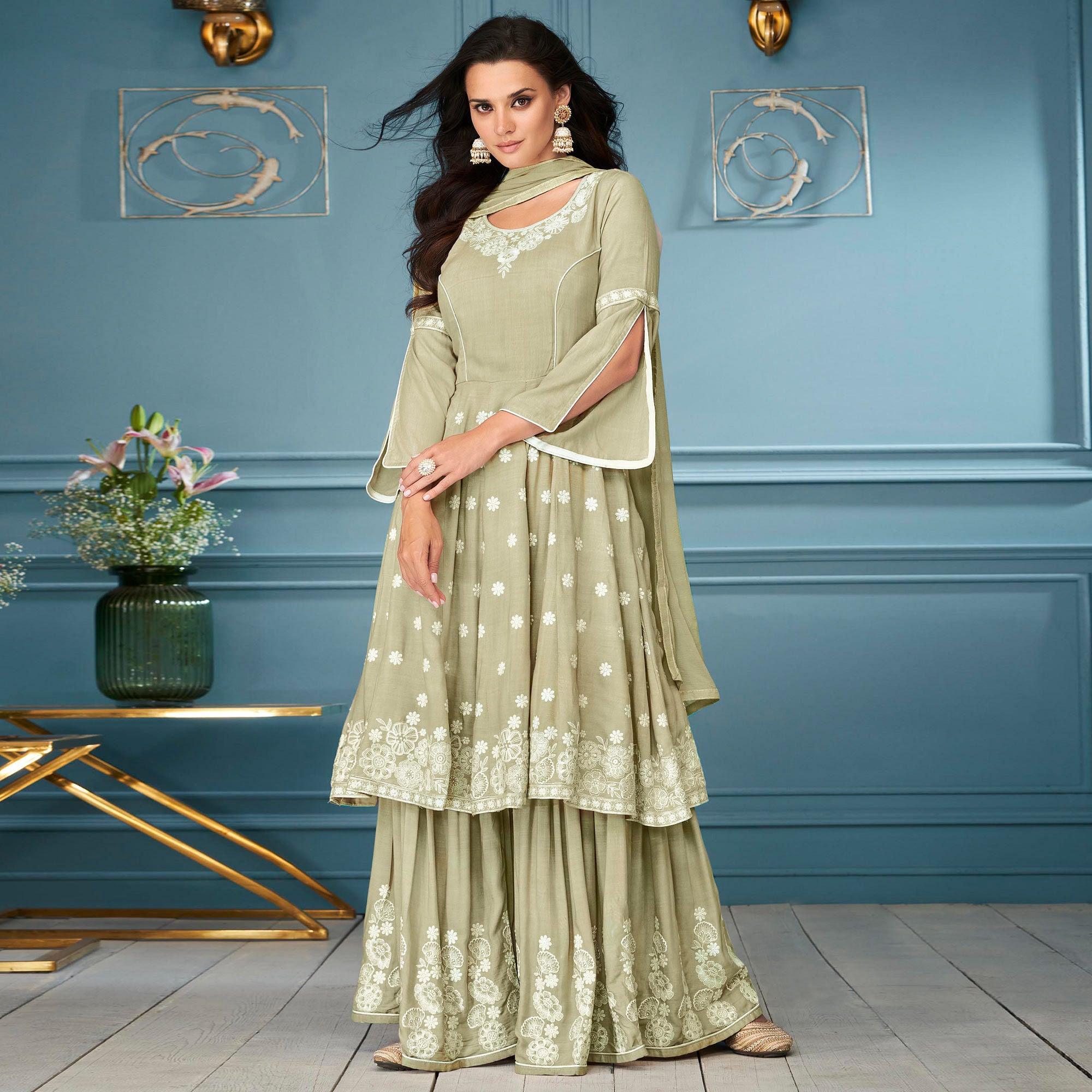 Peachmode Seller Light Olive Green Embroidered Rayon Sharara Suit - view 2